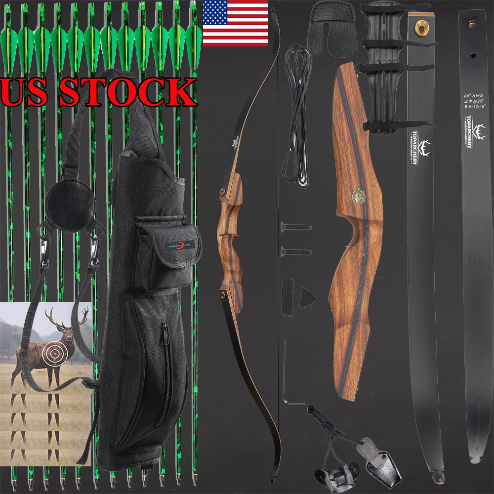 60" Archery Takedown Recurve Bow RH Wooden Limbs &Carbon Arrows Hunting Shooting