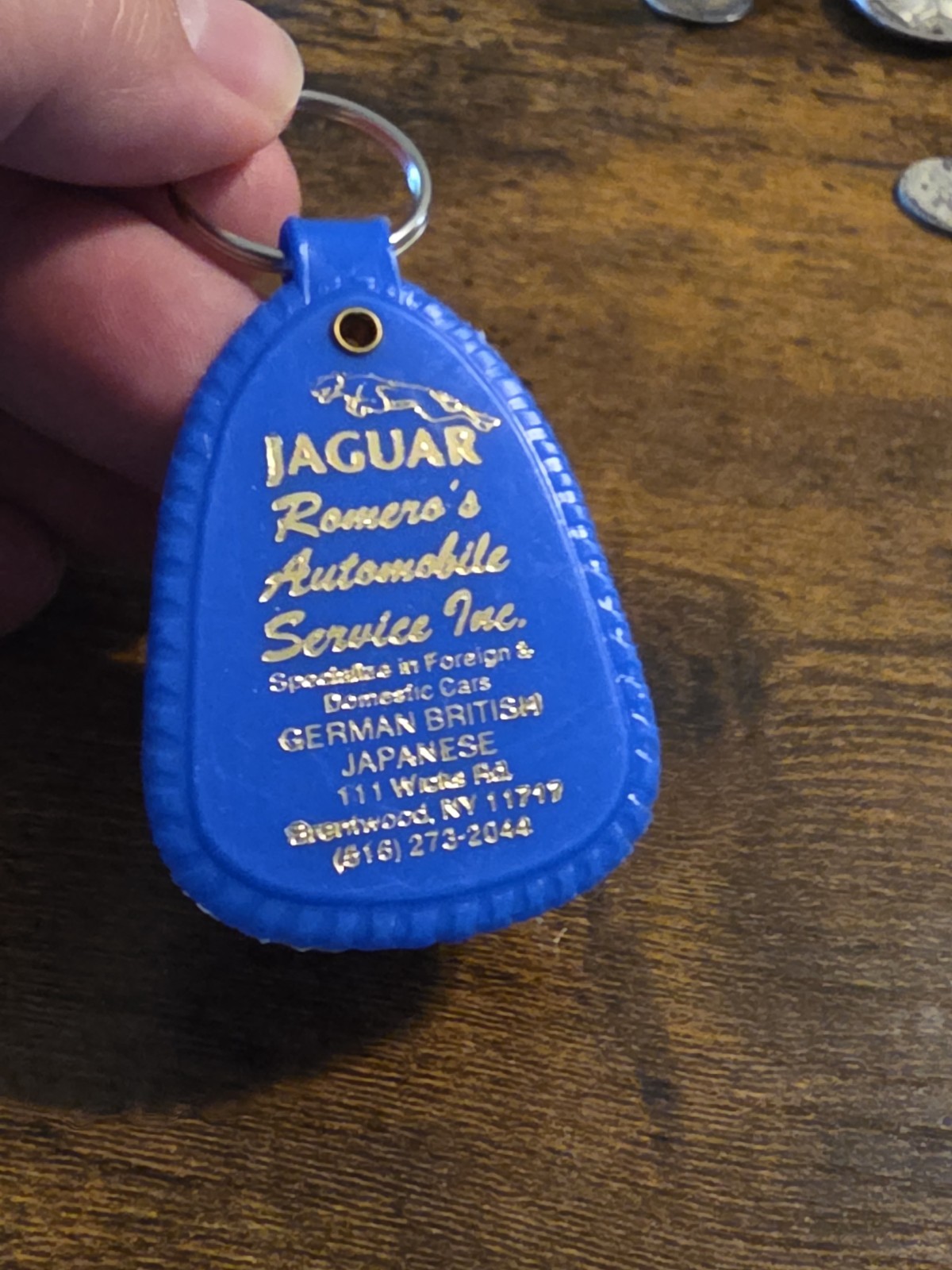 Vintage Keychain Jaguar Romero Service Brentwood New York Blue & Gold