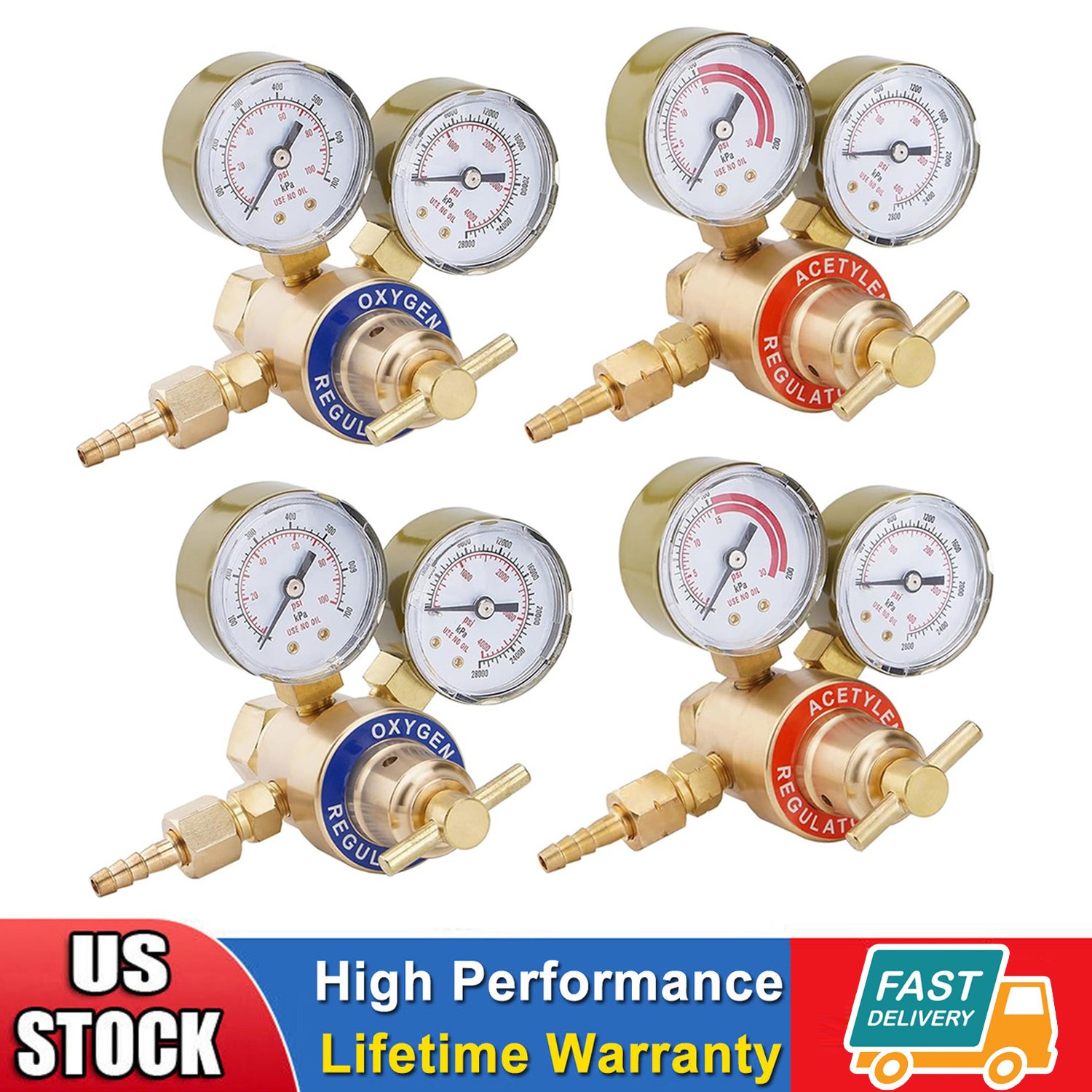 2 Pair Oxygen and Acetylene Regulators Welding Gas Gauges CGA540 and CGA200 NEW