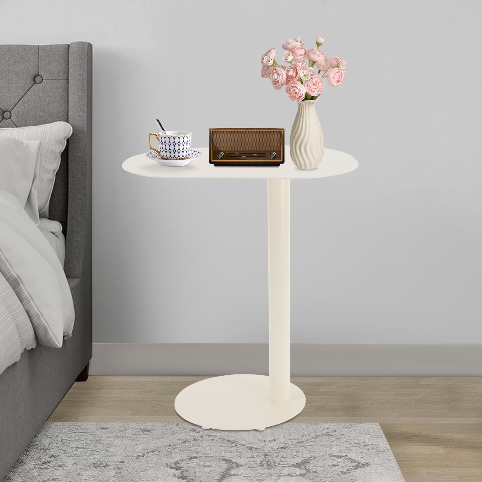 Cream White C-Shaped Side Table, Iron End Table, Couch Side Table 63x35x50CM