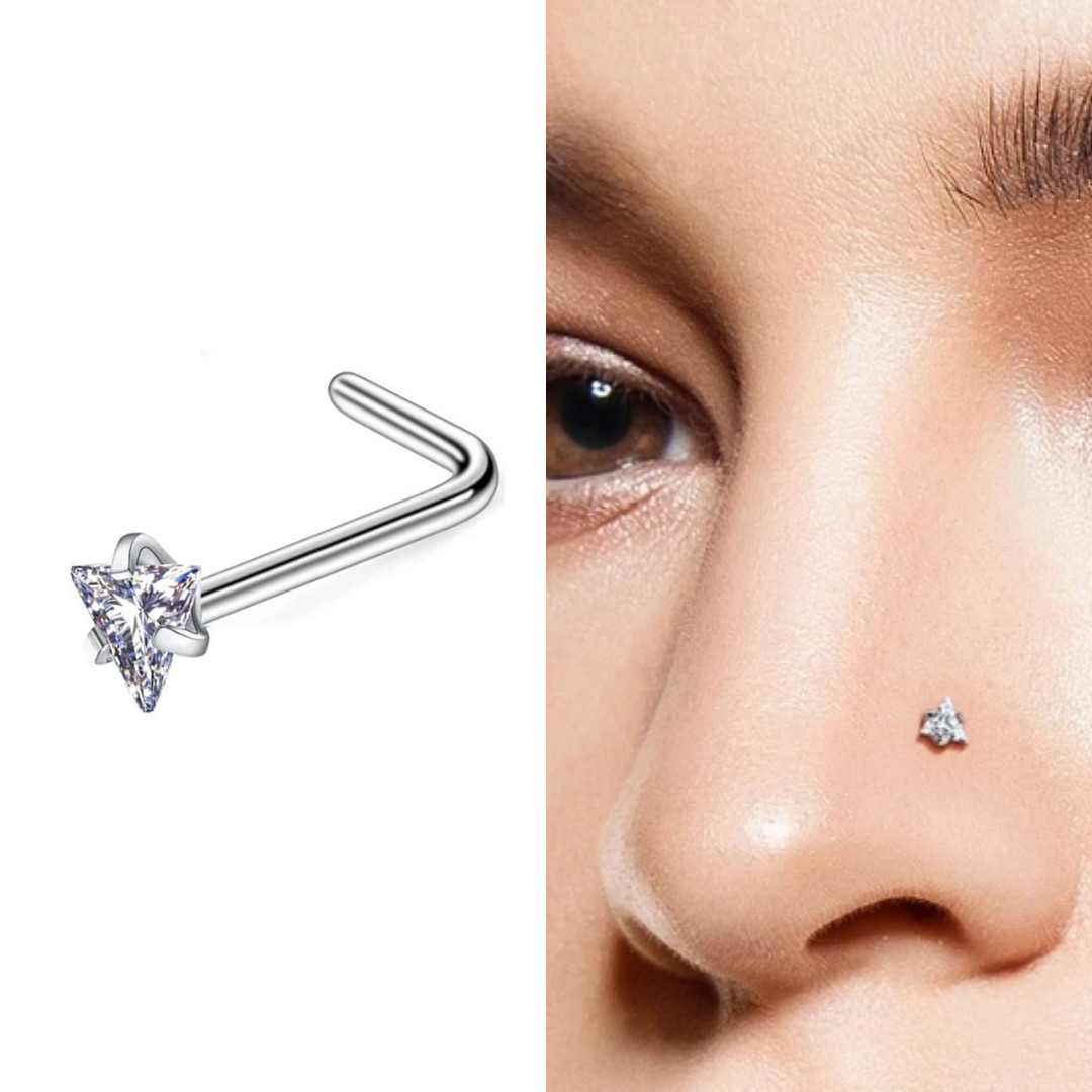 18G TRIANGLE CZ GEM PRONG SET L BEND IT STAINLESS STEEL NOSE RING STUD FISHTAIL
