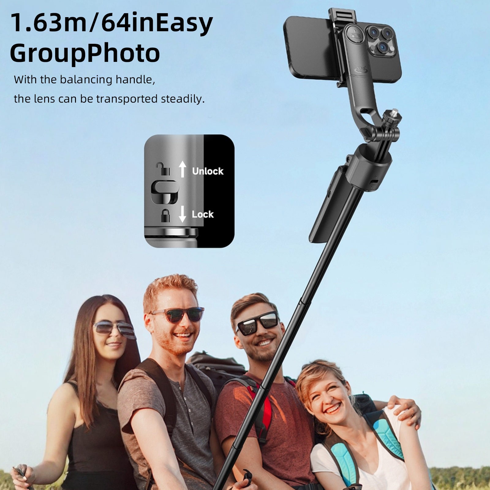 64'' Selfie Stick AI Face Tracking Tripod 360° Rotation Remote & Gesture Control