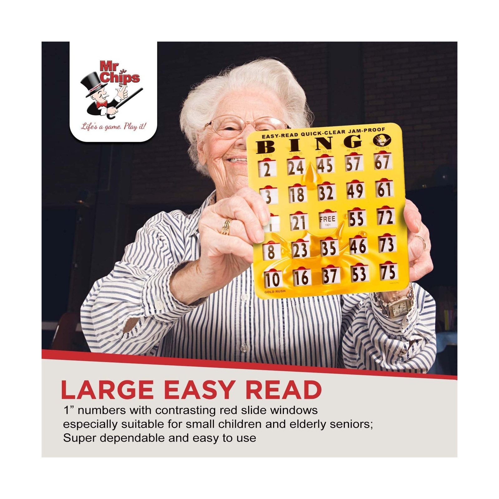 MR CHIPS Jam-Proof Easy-Read Quick-Clear Large Print Fingertip Slide Bingo Ca...