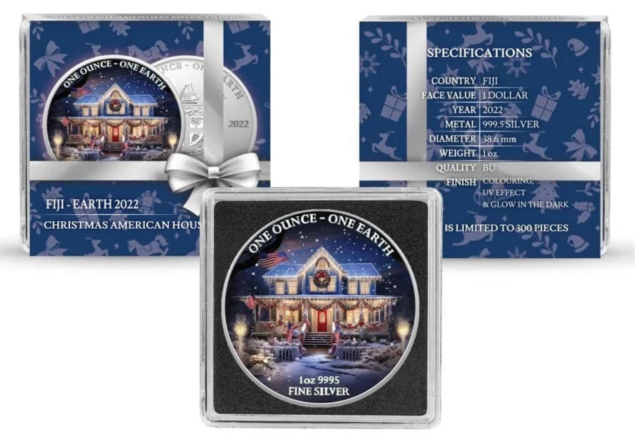 2022 Fiji Earth Christmas House American 1 oz Silver Color UV Glow in Dark Coin