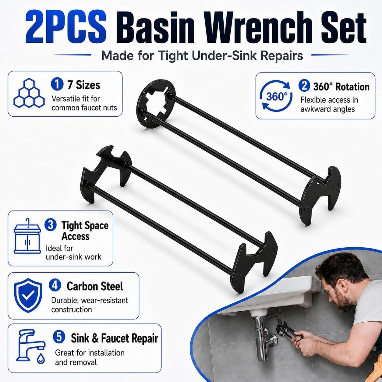 Efficient 2PCS Basin Wrench Set for Tight Spaces - Rotating Head & Metal Build