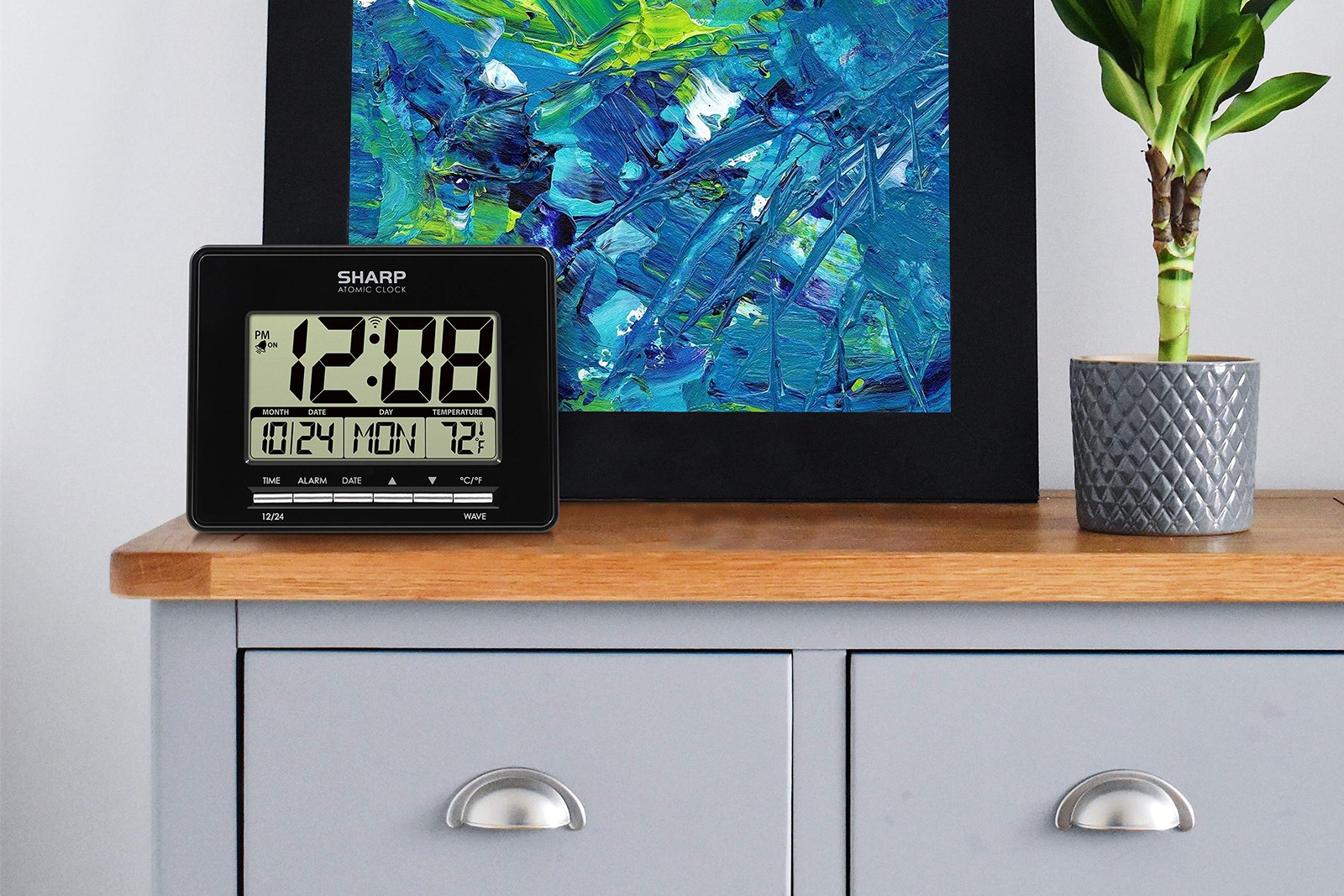 Sharp Atomic Desktop Clock – Auto Set Digital Alarm - Small, Black
