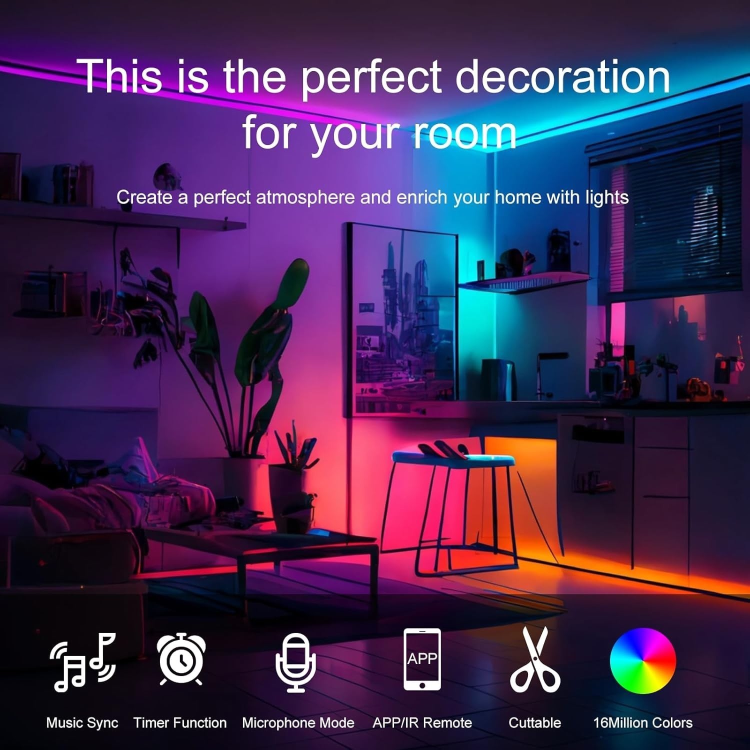 Led Lights Bedroom 200 FT 2 Rolls 100 FT W/ Remote & Application Control RGB