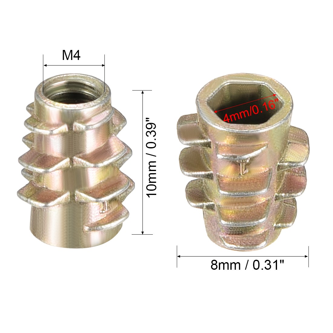 Threaded Insert Nuts Zinc Alloy Hex-Flush M4 Internal Threads 10mm Length 20pcs