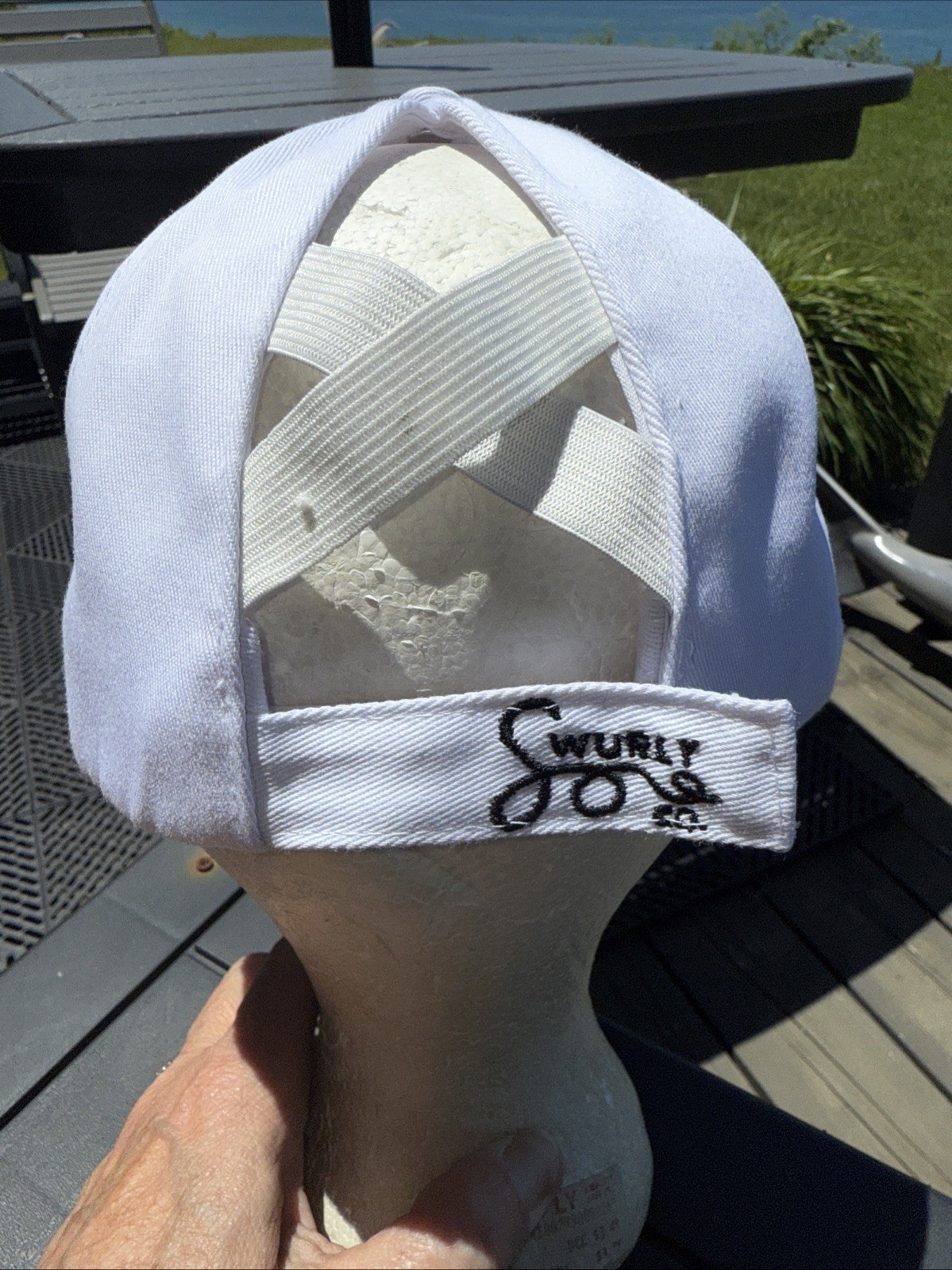 Swurly Co Black Logo on Silk Lined Baseball Hat Cap White Pony Tail Opening EUC
