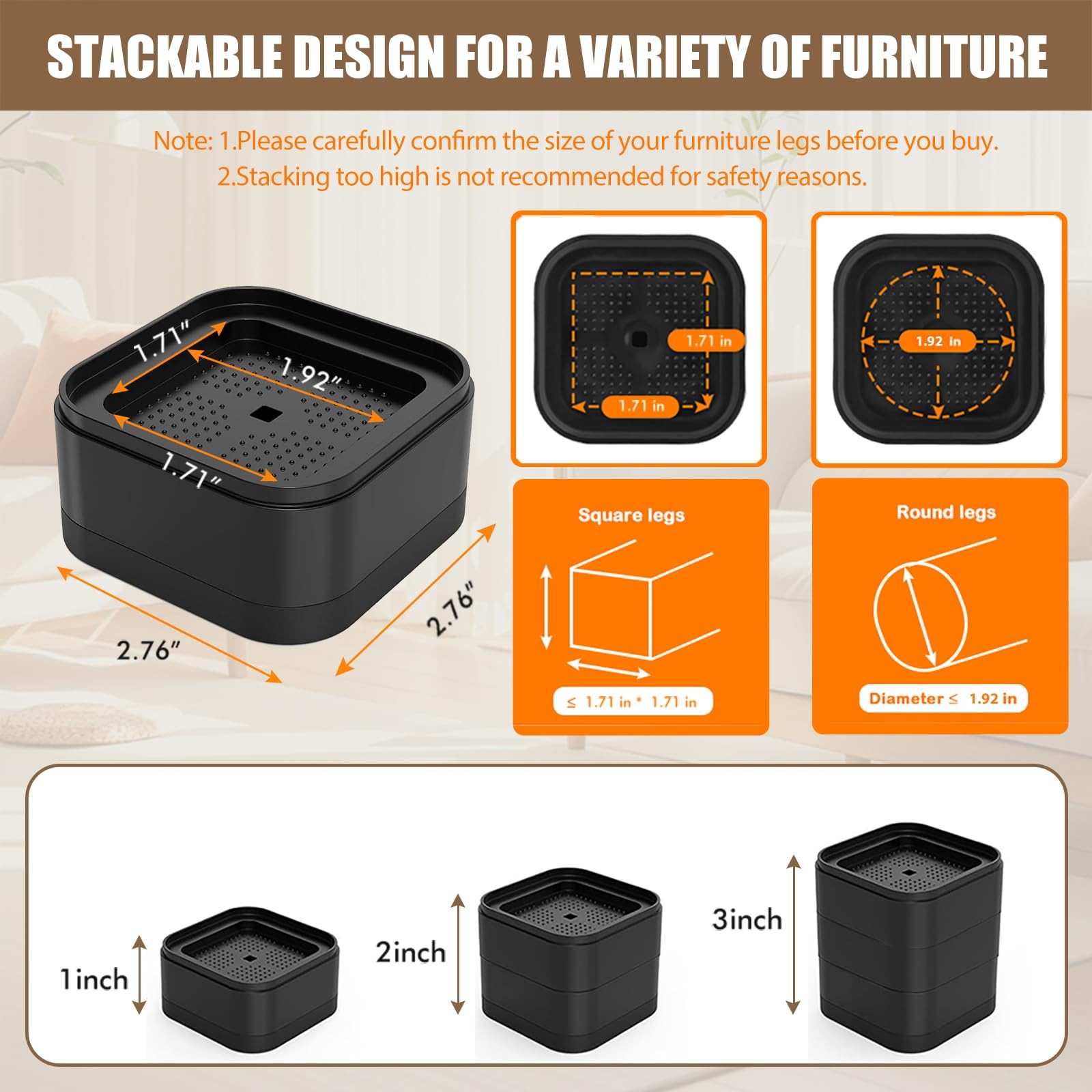 8 Pack Adjustable Furniture Bed Risers, Stackable Heavy Duty Lifts 1-3 Inch