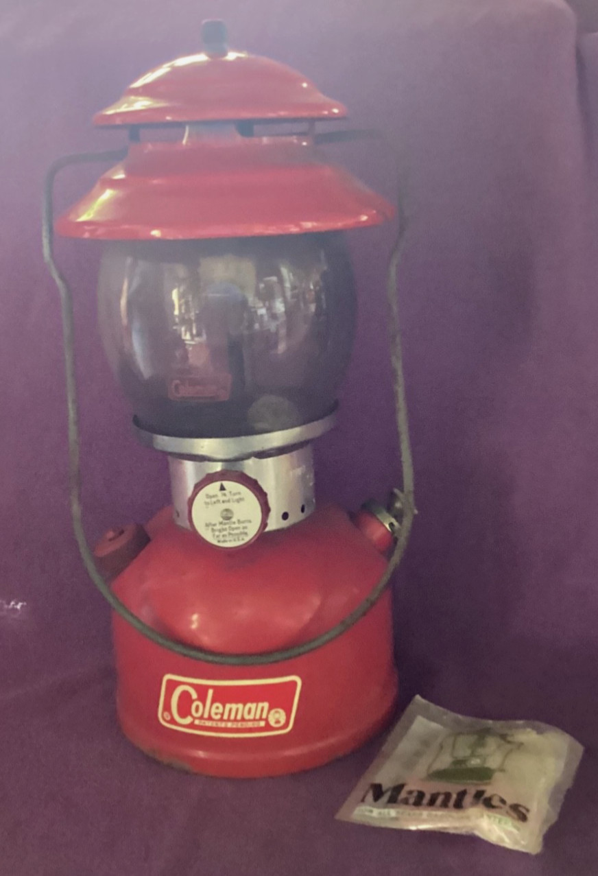Vintage Coleman Model 200A Gas Lantern Camp Red w/ Pyrex Globe 1966