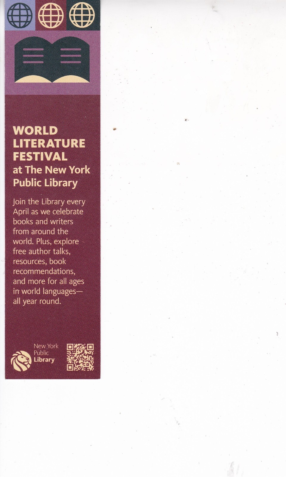 World Literature Festival Bookmark New York Public Library