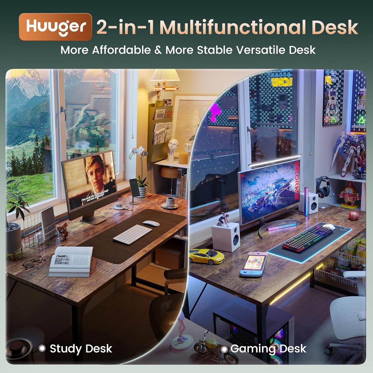 Computer Desk, Rustic Brown, 55 Inch Home Office Gaming Work from Home Study