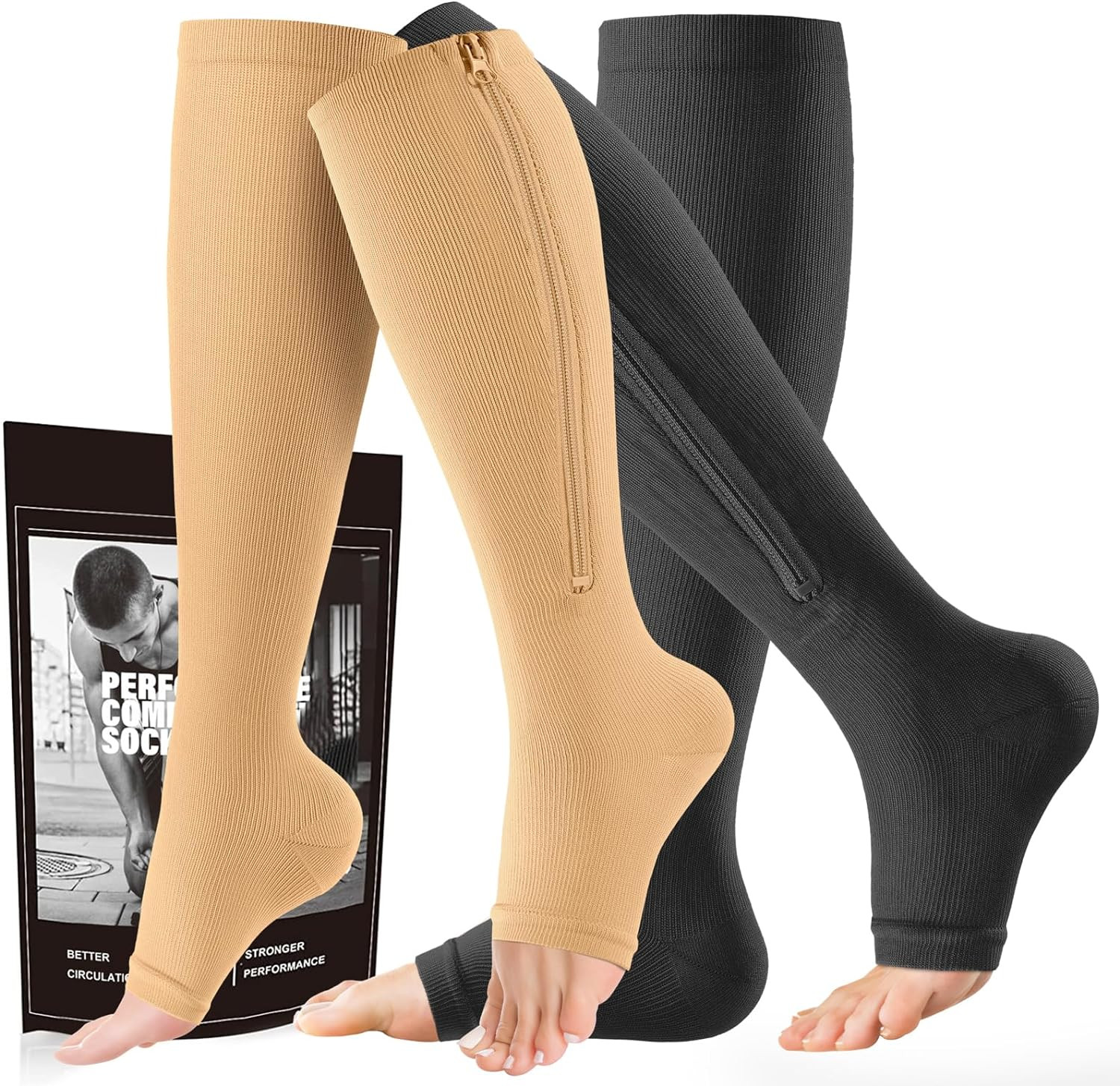 Zipper Compression Socks - 2 Pairs Open Toe Compression Stockings for Men Women