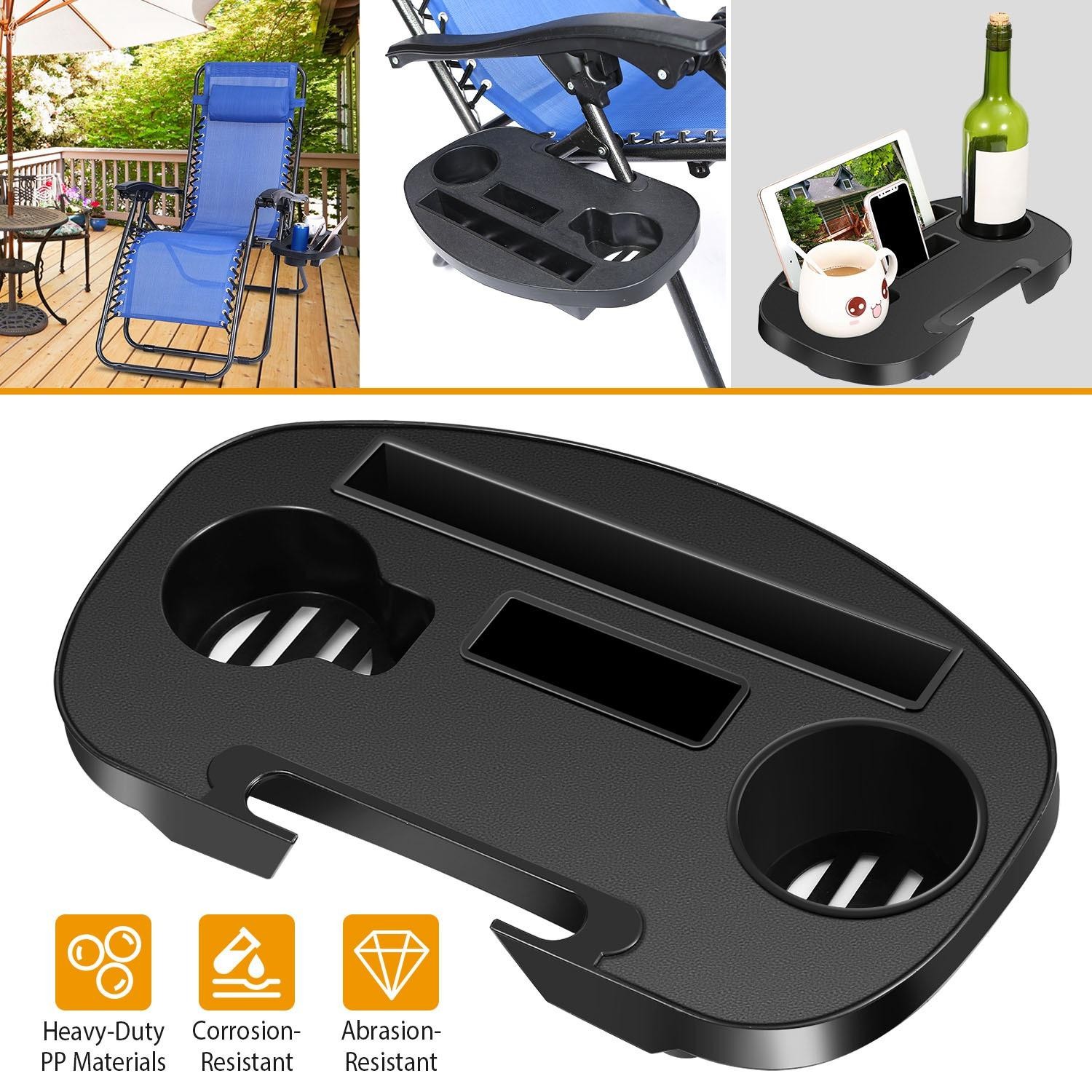 Zero Gravity Chair Cup Holder Clip On Side Tray w/Beverage Can Mobile Devices