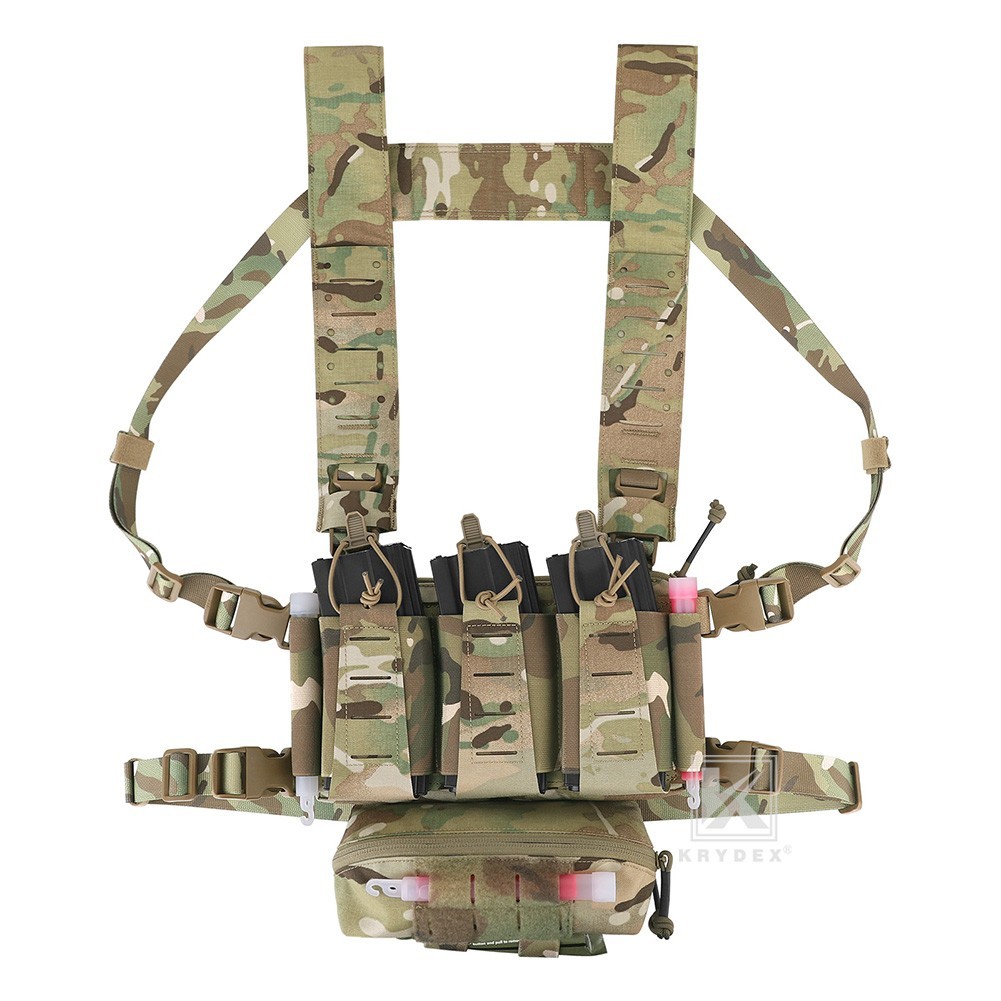 KRYDEX Tactical Chest Rig 5.56 Triple Elastic Mag Pouch MOLLE H-harness MC Camo