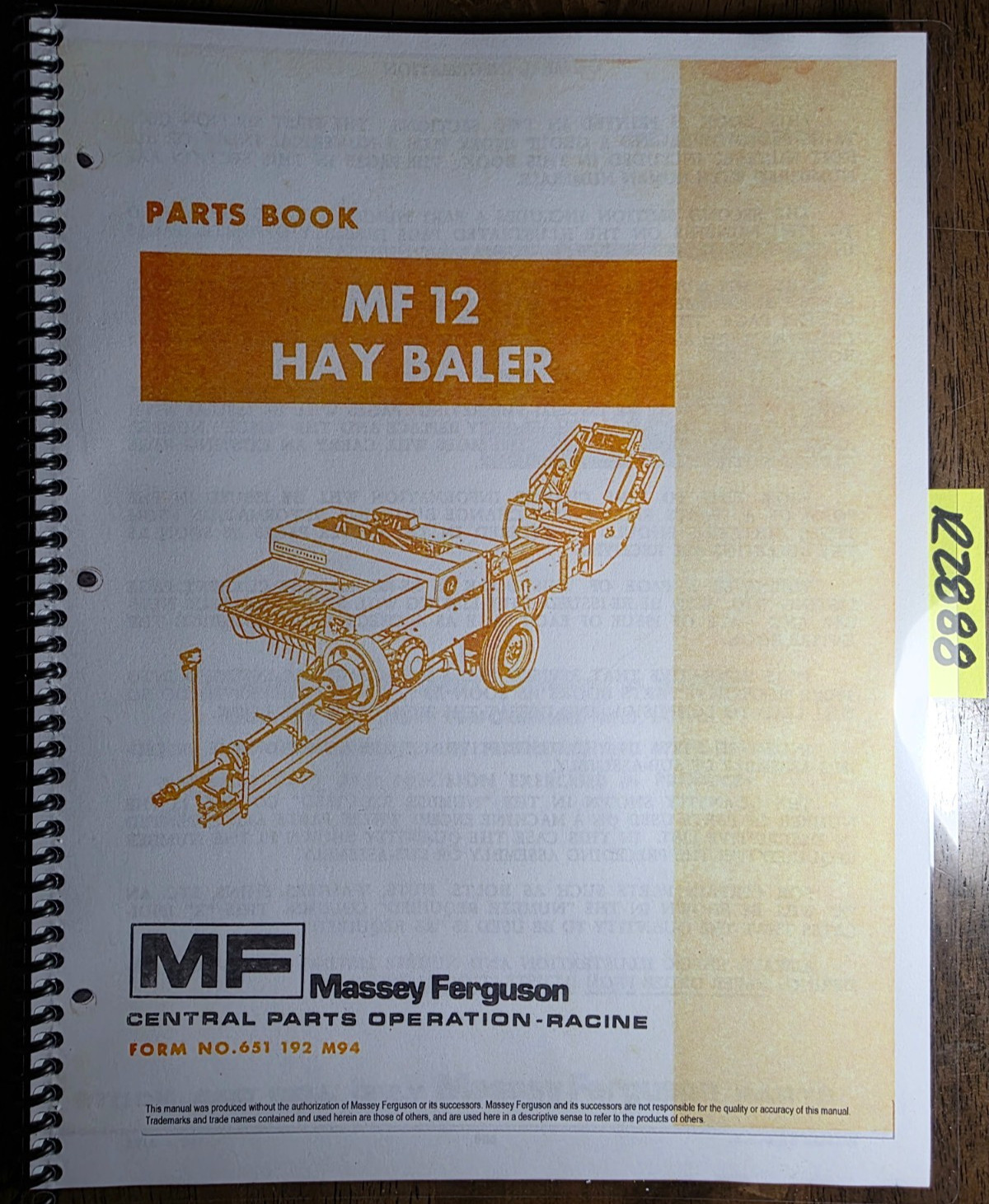 Massey Ferguson MF 12 Hay Baler Parts Book Manual 651 192 M94 4/75