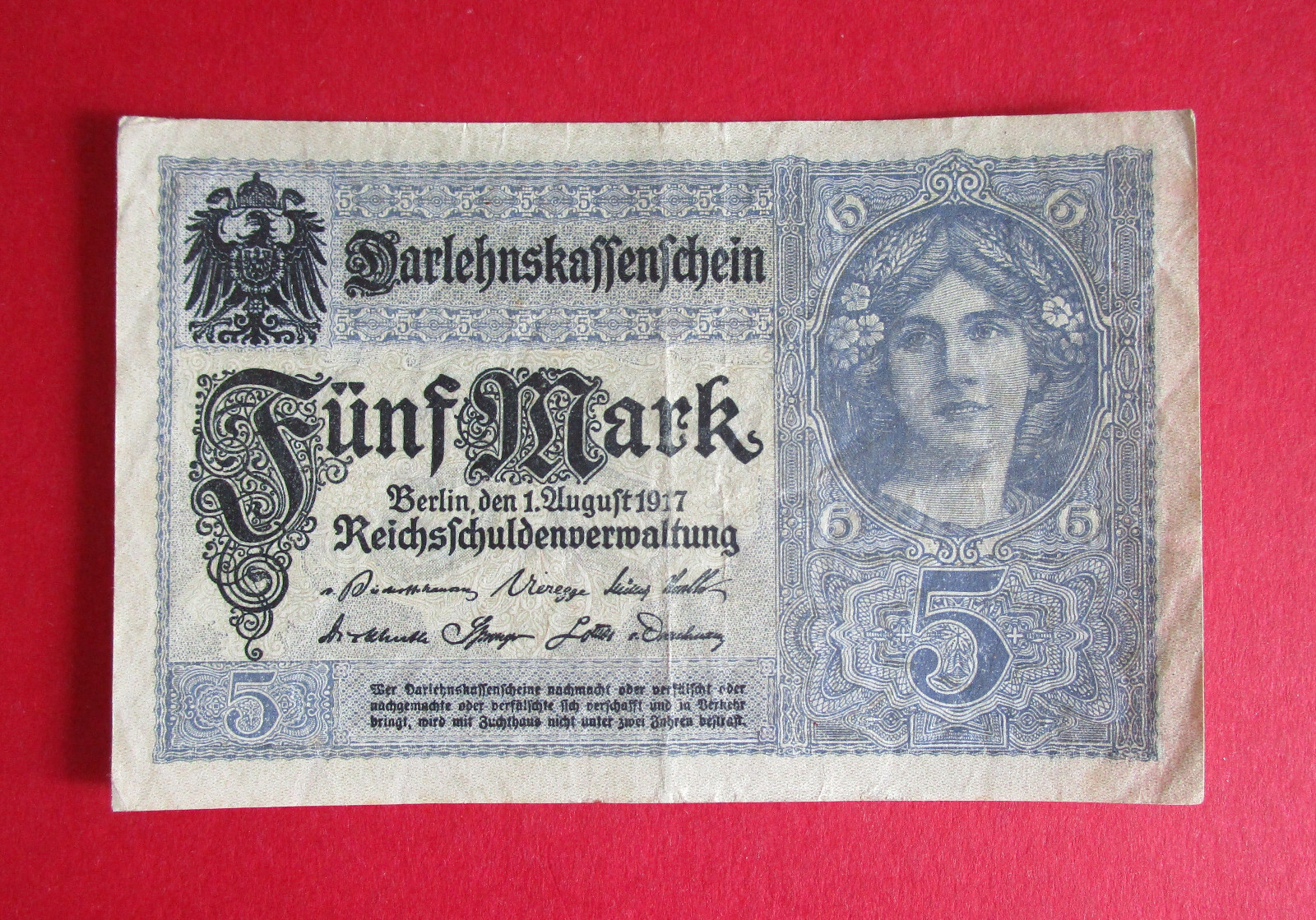 GERMANY  VERY SCARCE  1917  ANTIQUE  WW1   5  MARK   BANKNOTE   SEE LISTING