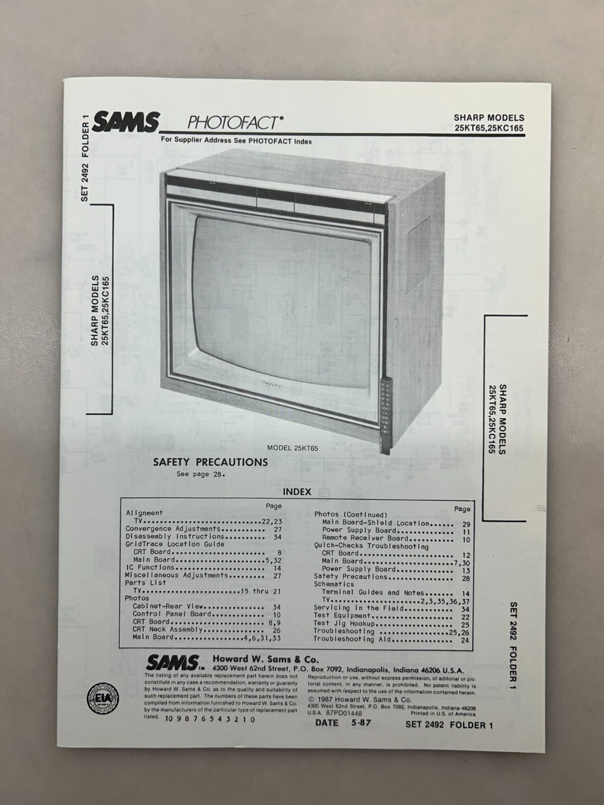 Sharp 25KT65 25KC165 Service Manual Sams Photofact Free Shipping