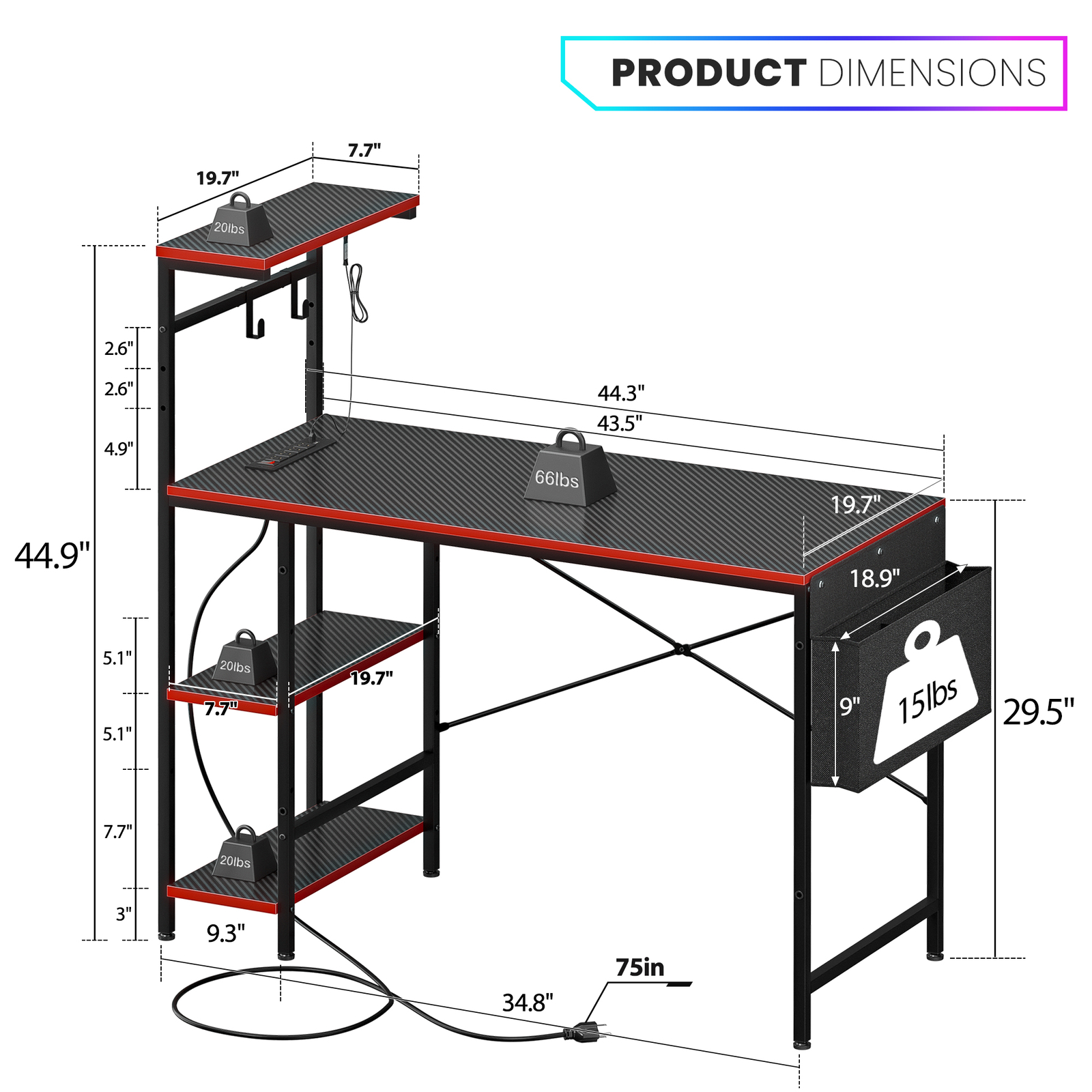 44" Computer Desk Rectangular Gaming Desk with LED Lights & Power Outlets Black
