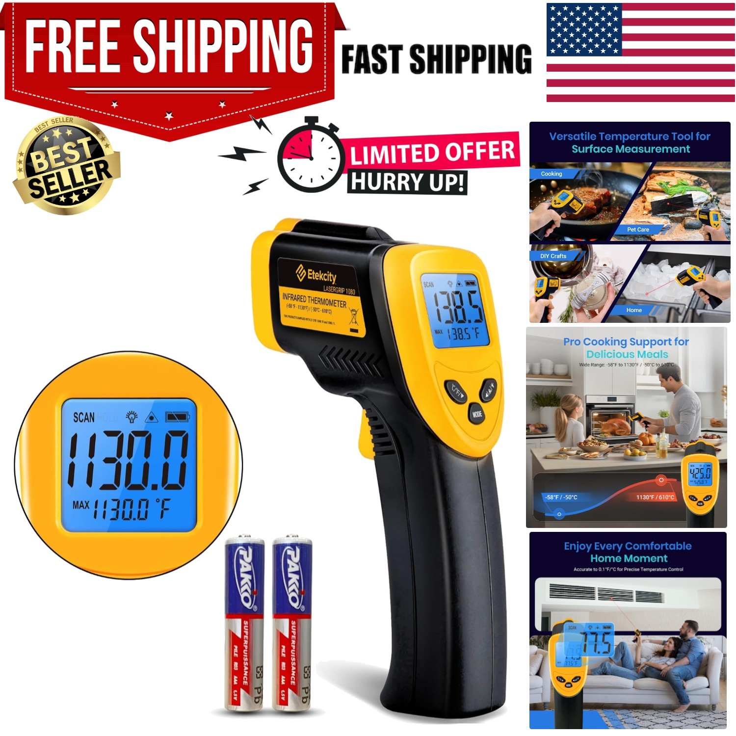 Infrared Thermometer Laser Temperature Gun 080, -58°F~ 30°F for Meat Food Can...