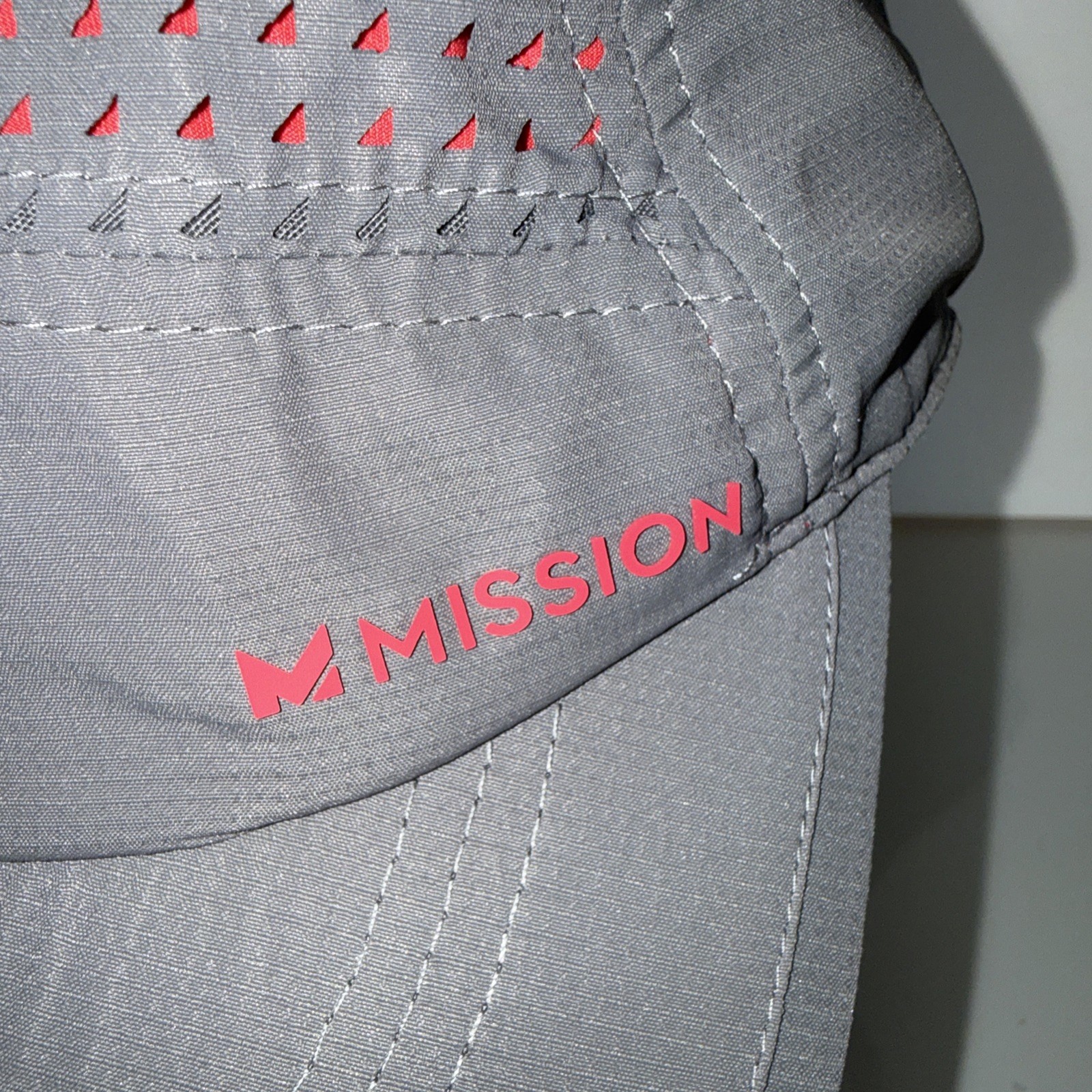 Mission Letters Logo in Pink on Gray Lite Wt Hat Cap Hook Loop