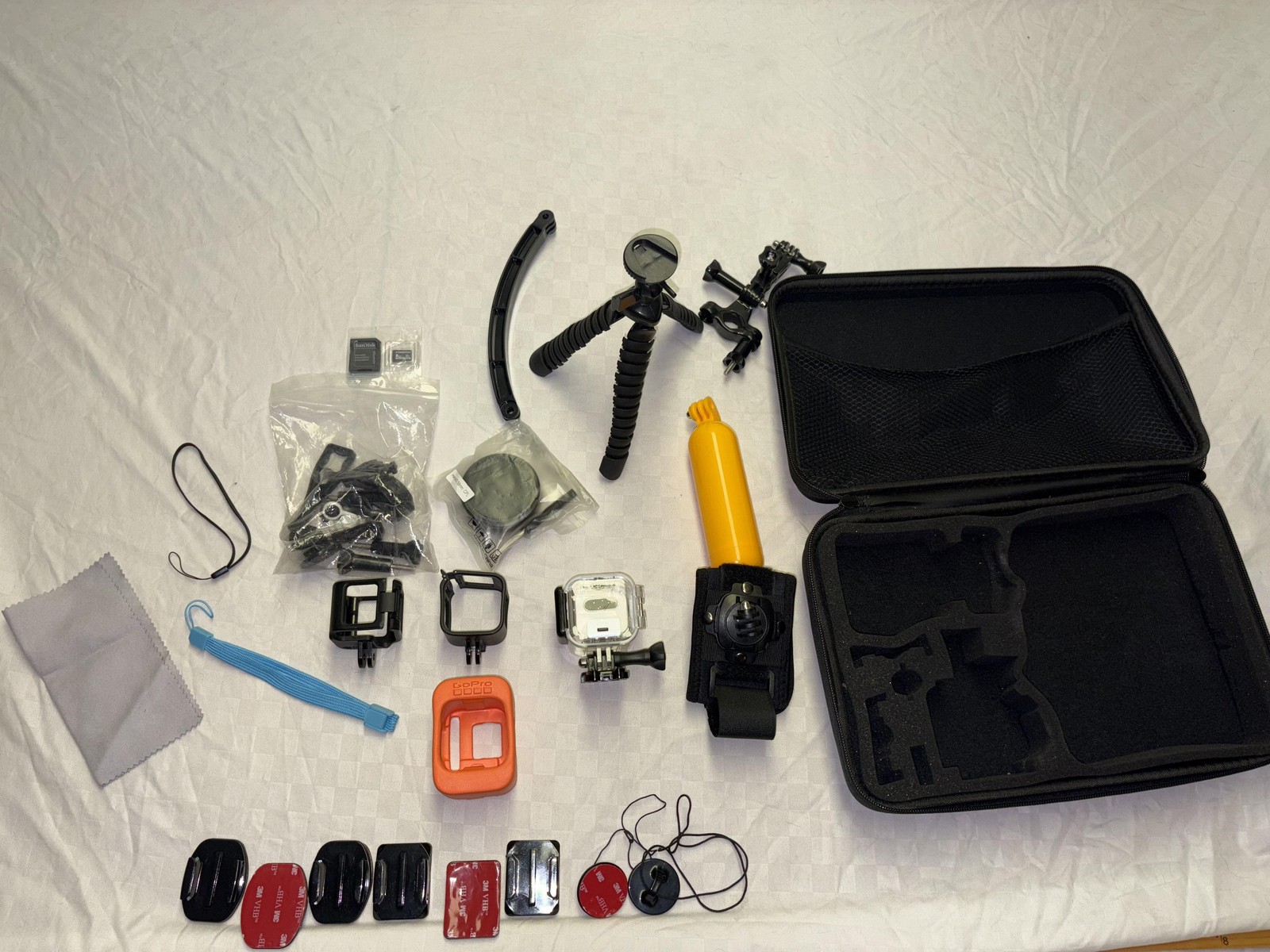 GoPro Action Camera Accessory Lot Case Mounts Floaty SD Cards Adhesive Tripod Ki