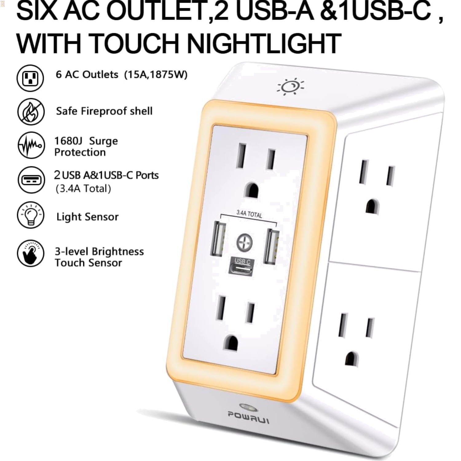 Multi Plug 6 Outlet Surge Protector Extender with 3 USB Ports 1 USB C and Nig...