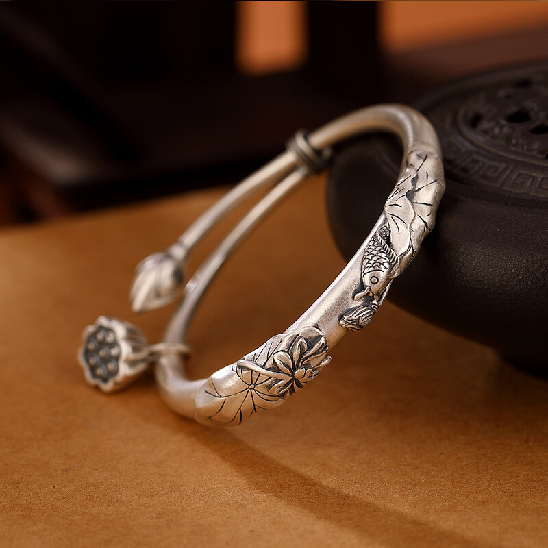 Carp Lotus Flower Lotus Leaf Lotus Peng Women's Adjustable Opening Bracelet