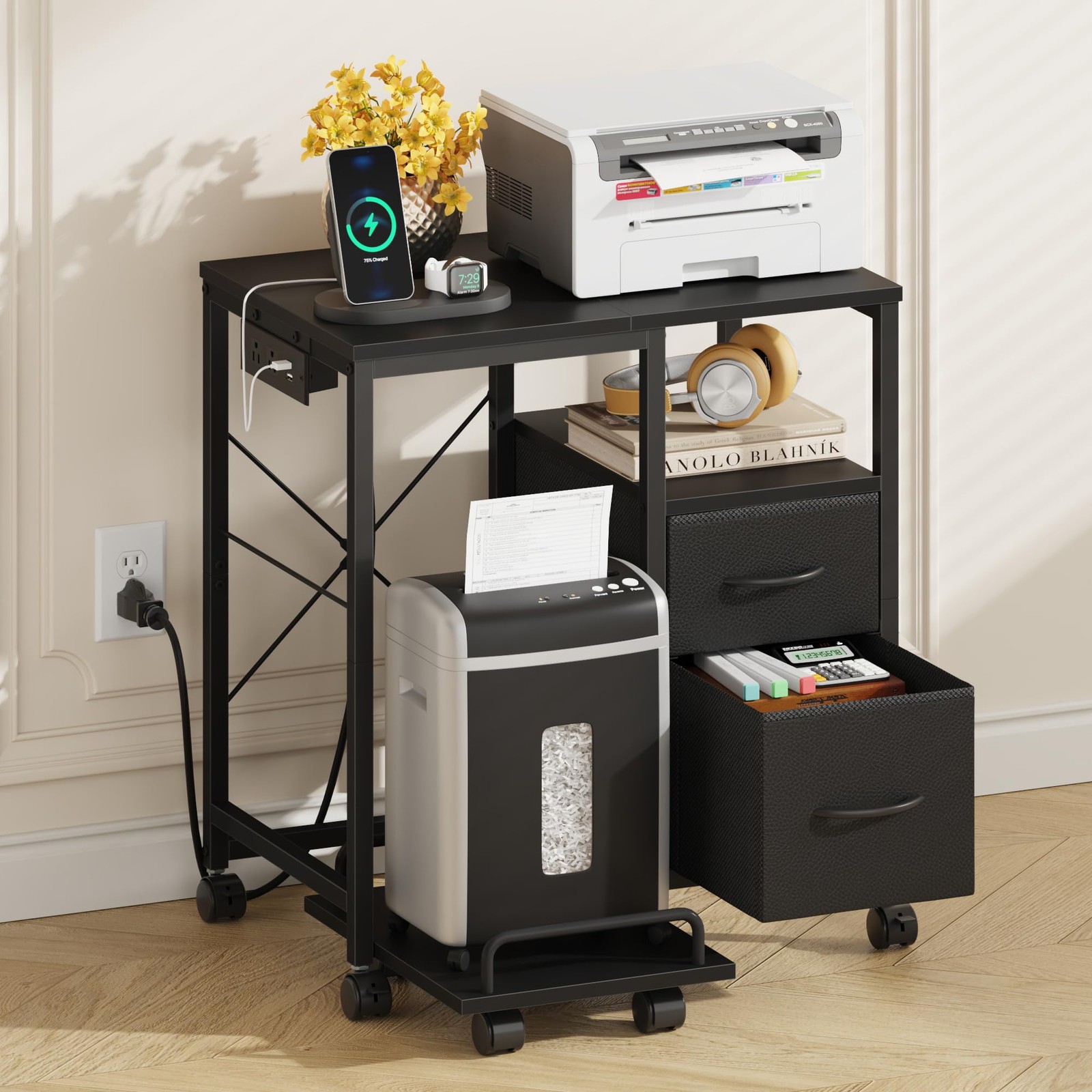 Printer Stand With Power Outlet Fabric Drawers Storage Shelf Cart Black