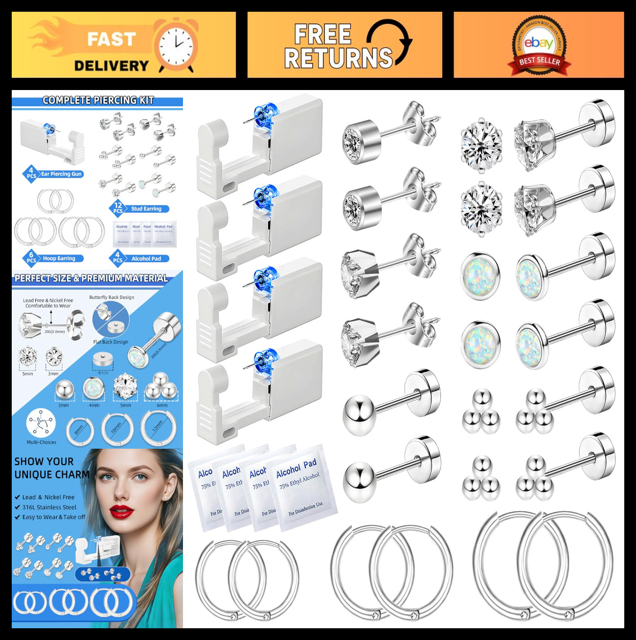 26 Pcs Ear Piercing Kit - Disposable Gun, 18 Zirconia Earrings, Cleaning Pads, T