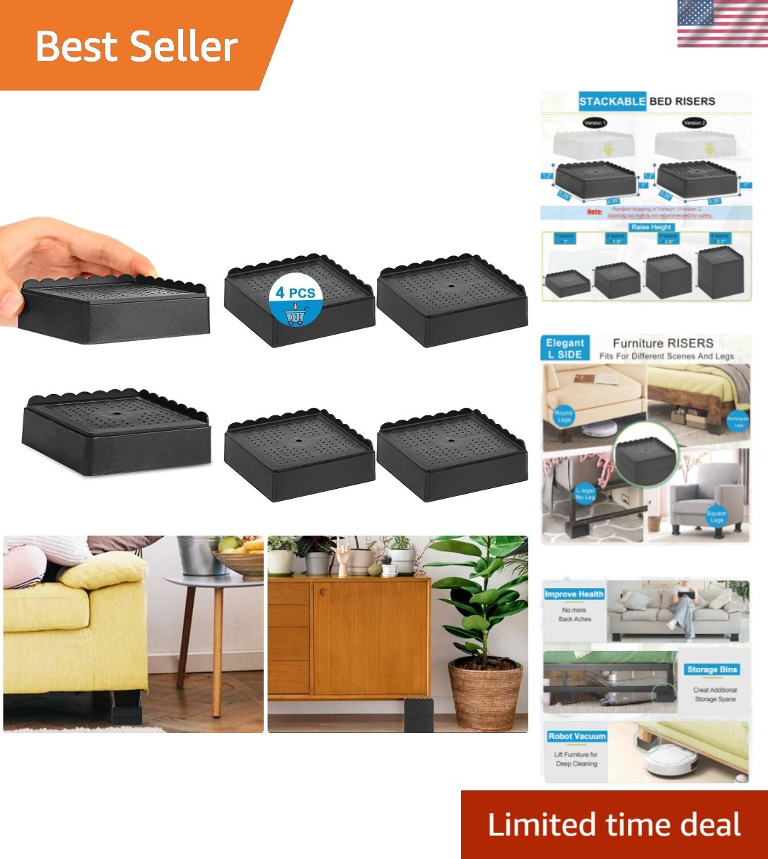 Bed Risers 1 inch, 2 inch, 3 inch, 4 inch Heavy Duty, Adjustable Furniture Ri...