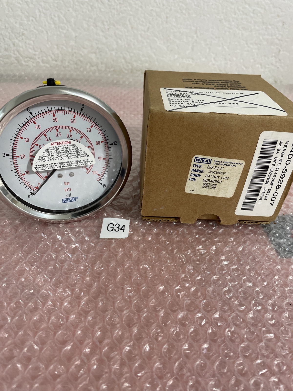 Wika 50548603 232.53 4”Face SS Gauge 15 PSI, 1/4" NPT. NEW IN BOX Fast Shipping
