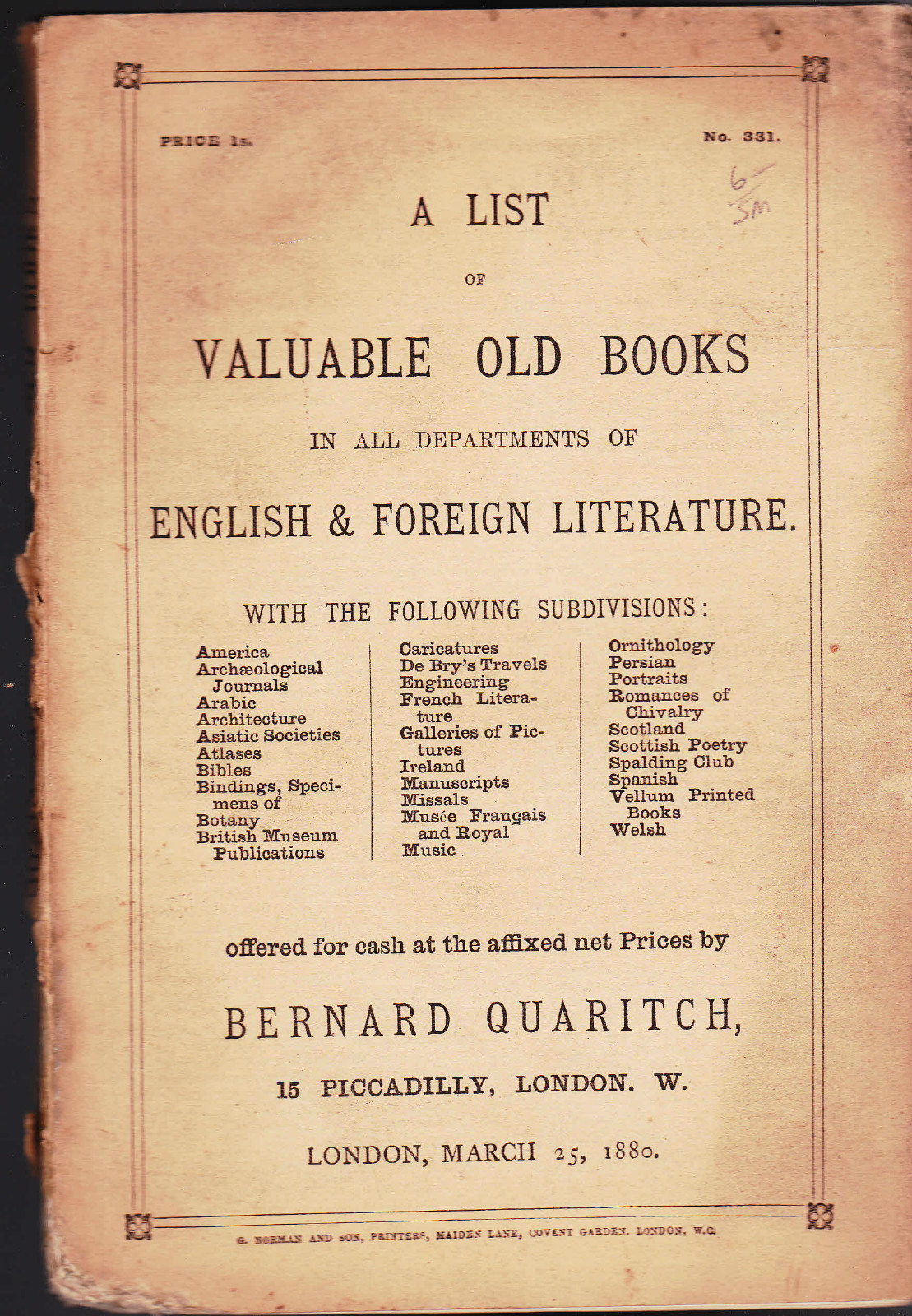 Bernard Quaritch Catalog of Books English & Foreign Literature 1880  #331