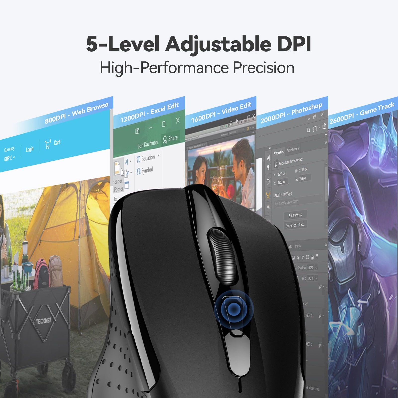TECKNET Wireless Mouse 2.4G Ergonomic Optical Mouse Computer Mouse for Laptop