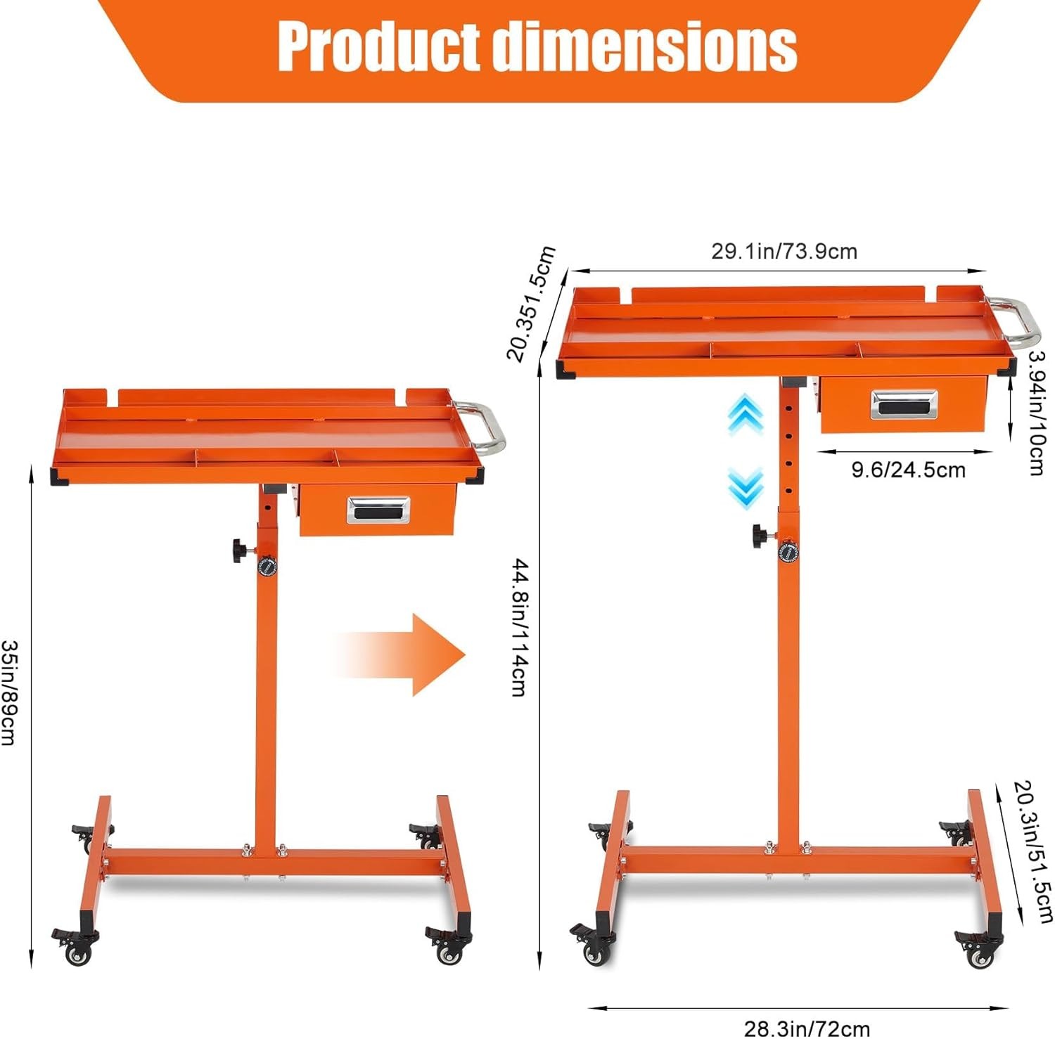 Locking Casters, Adjustable Height 35"-44.8" Rolling Steel with Workbench