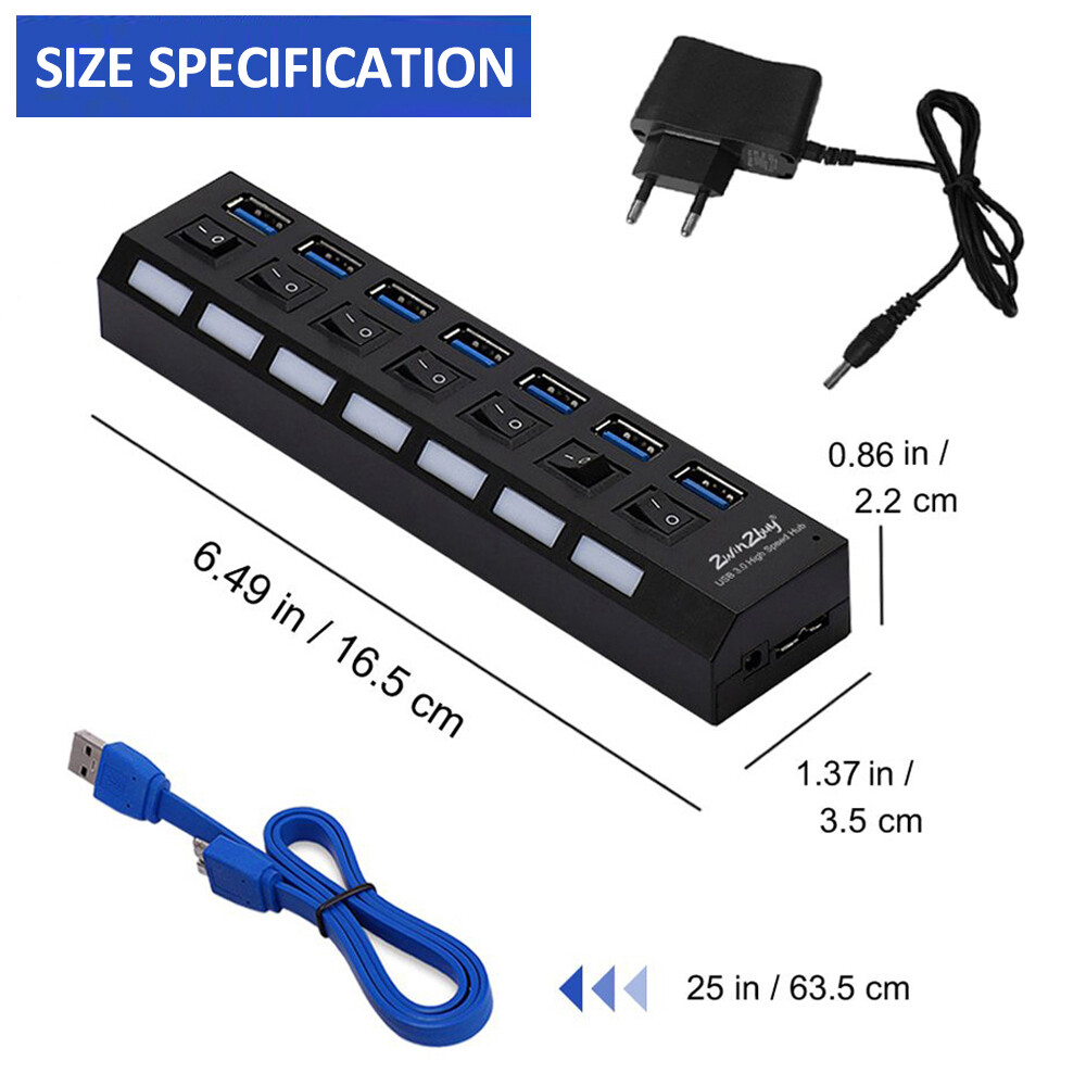 7 Port USB 3.0 Hub Splitter Adapter High Speed Extension For PC Laptop Desktop