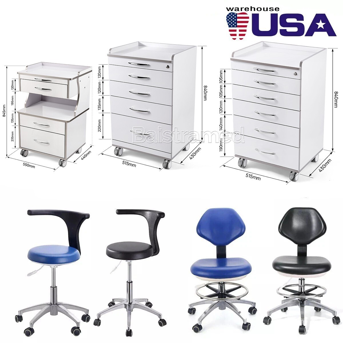 Dental Mobile Storage Cabinet Medical Cart with Drawers /Doctor Assistant Stool