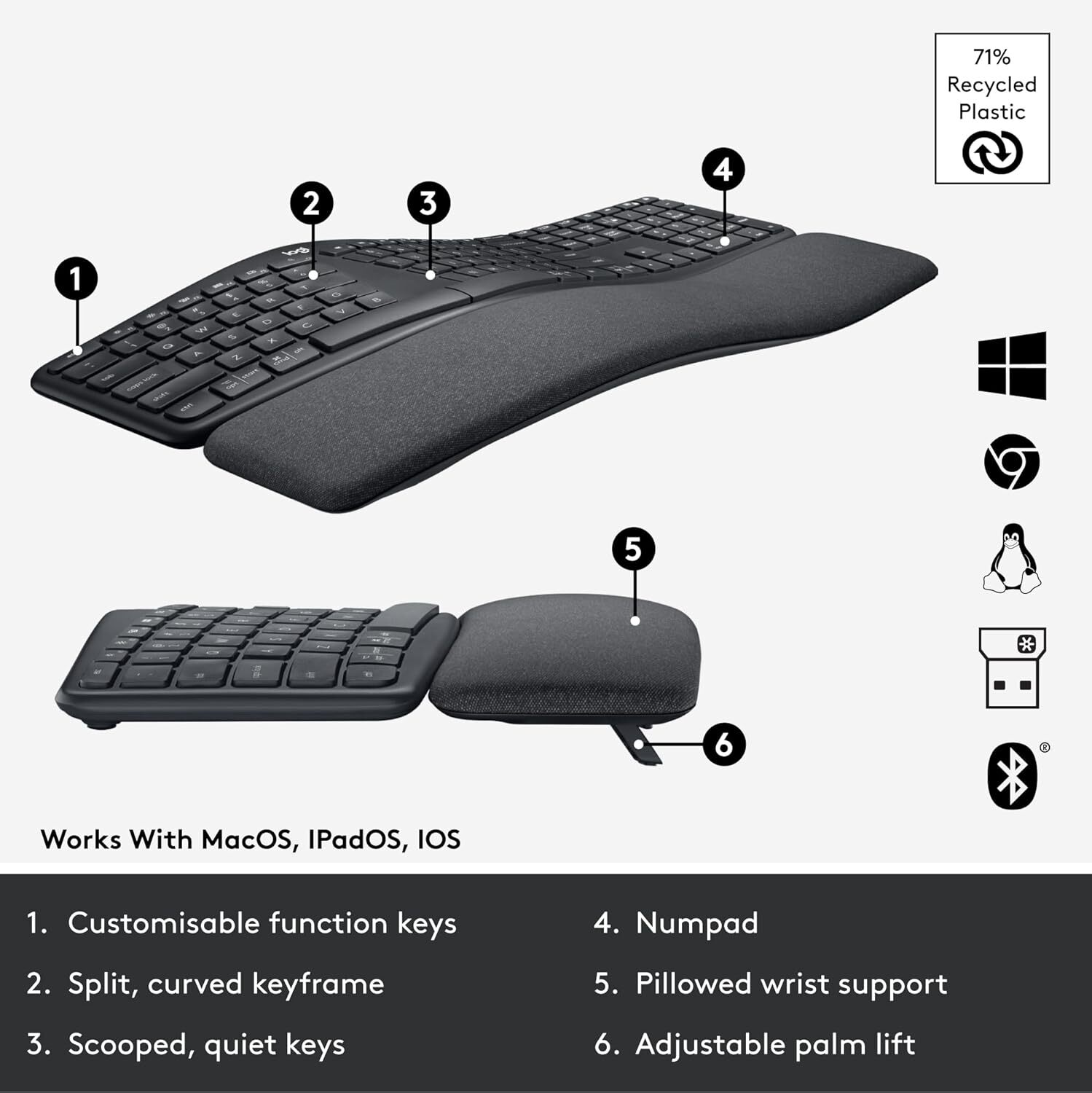 Logitech - ERGO K860 Ergonomic Wireless Keyboard for Windows and Mac with Palm
