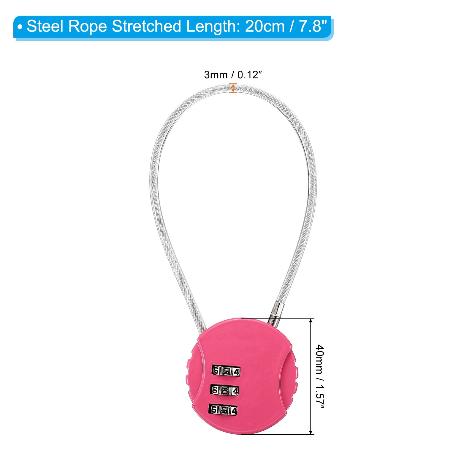 Small Combination Block 7.8", 1pc 3 Digit Luggage Lock, Pink