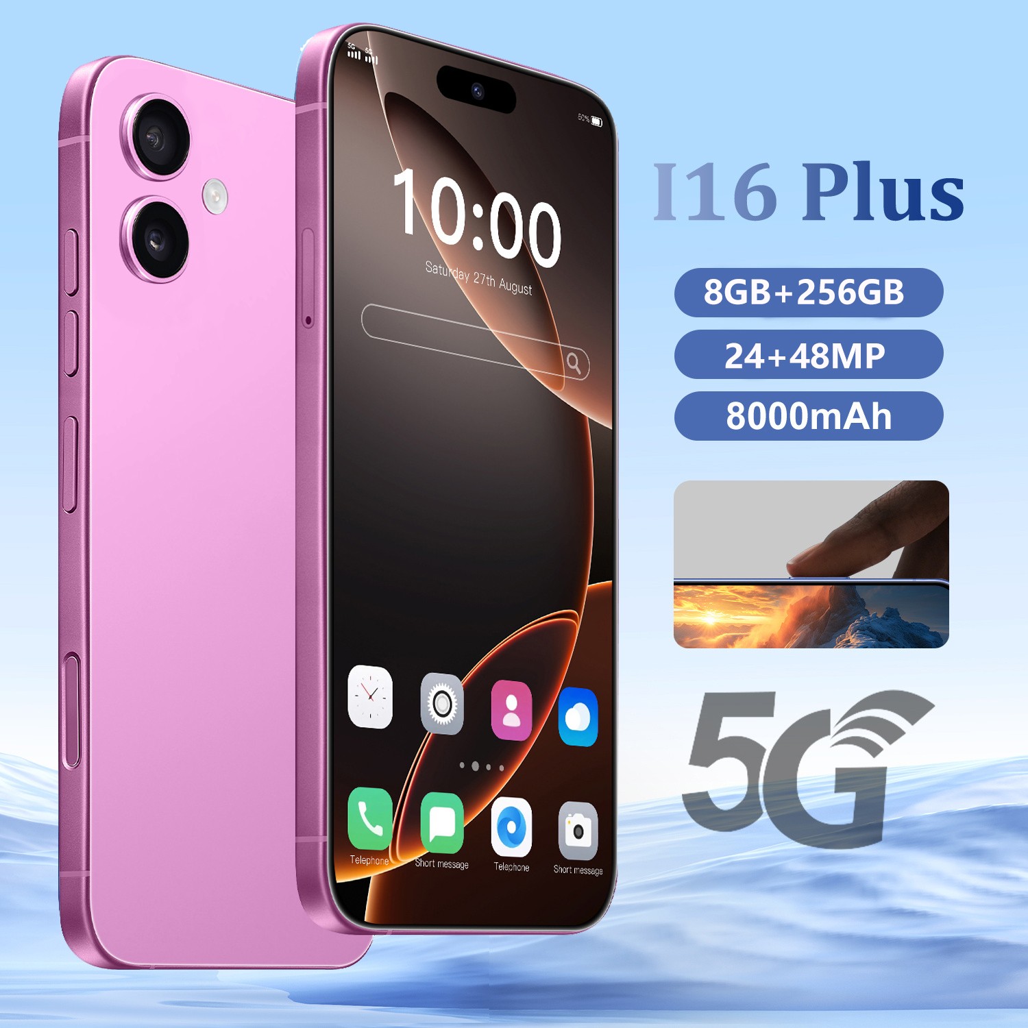 Unlocked Smartphone Mobile i16 Plus Android 14 Dual SIM 8+256GB 24+48MP 6.8inch