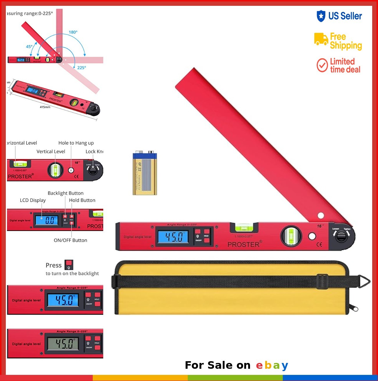 Digital Angle Finder Gauge 0-225 Degree Protractor Spirit Level with Backlight