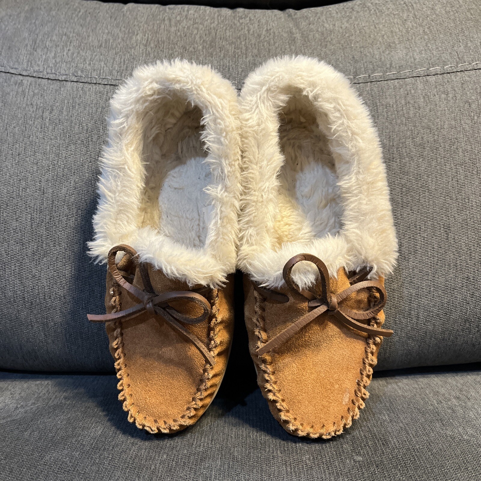 J Crew Suede Faux Shearling Lodge Moccasin Slippers Dark Nutmeg Size 6