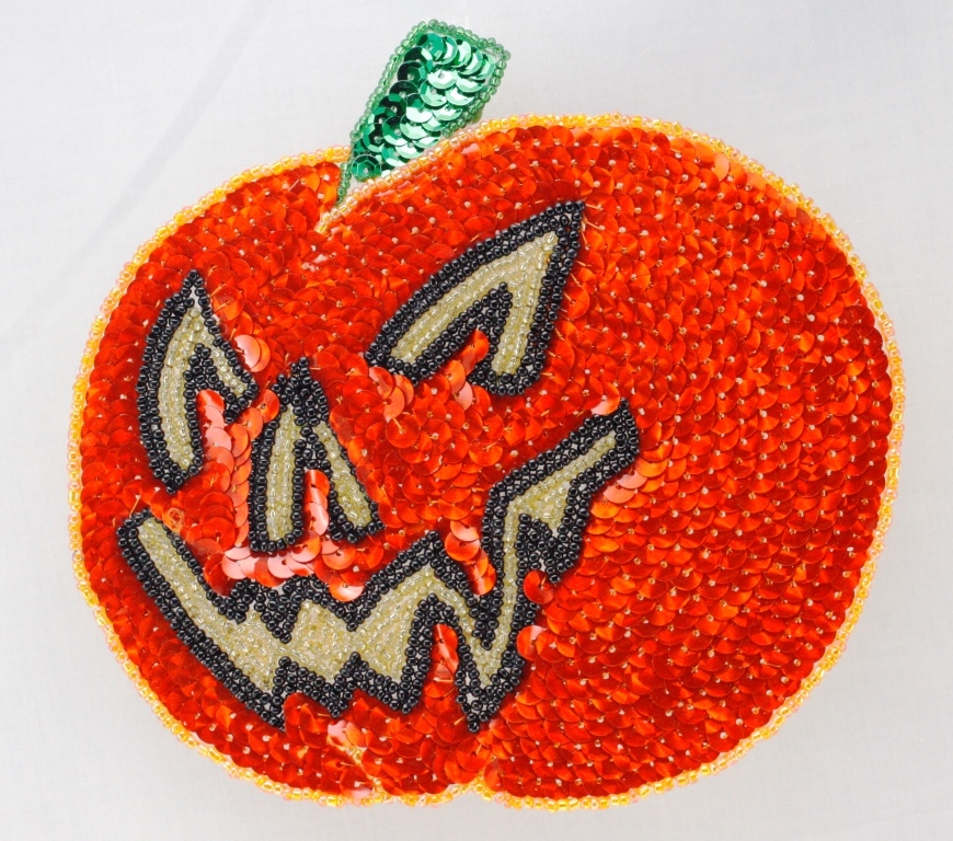 Halloween pumpkin w/ face jack-o-latern Sequin Applique Pressure Sensitive glue