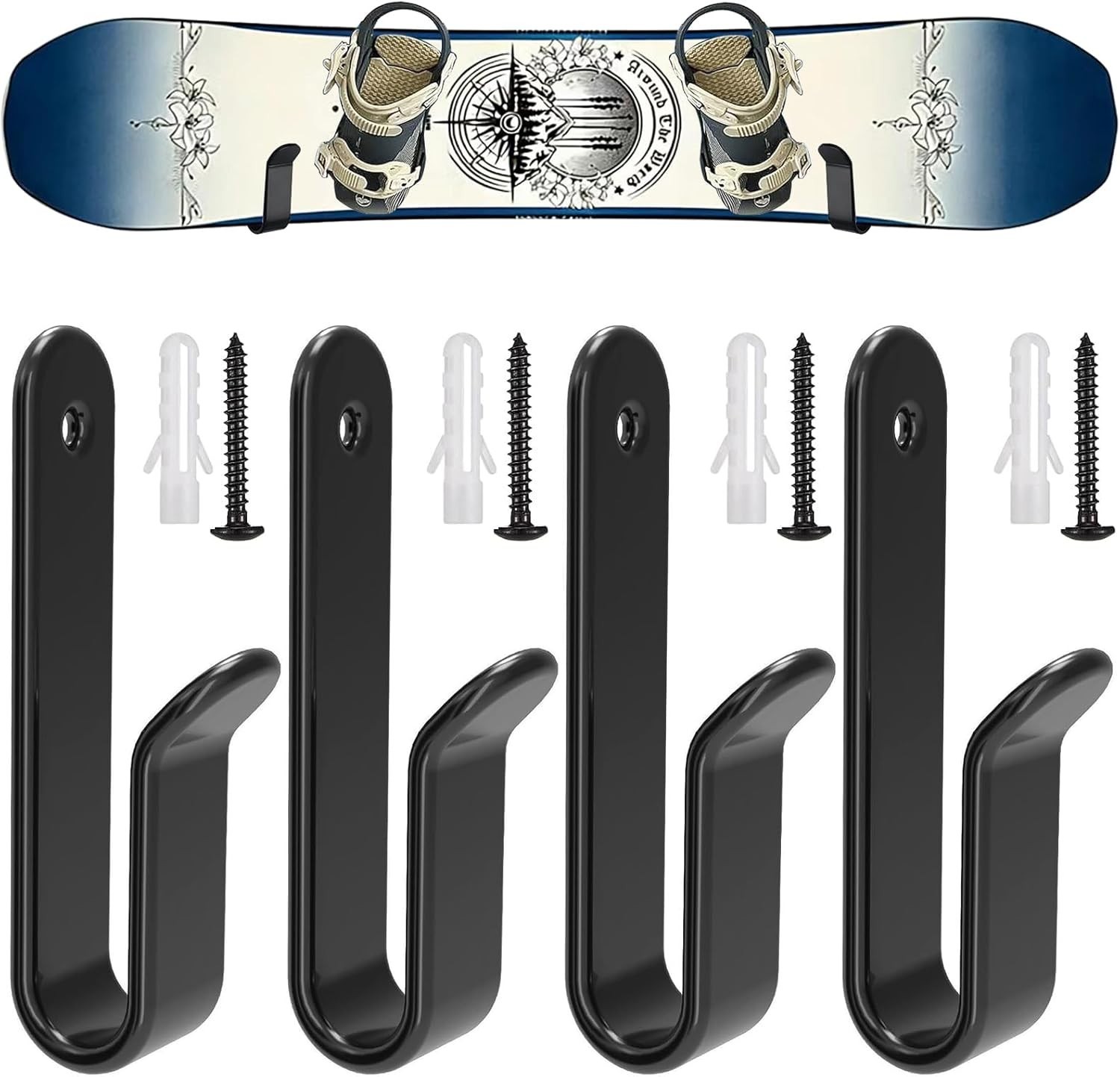 4 Pack Snowboard Wall Mount Clips, Horizontal Skateboard Wall Mount, Snowboard D