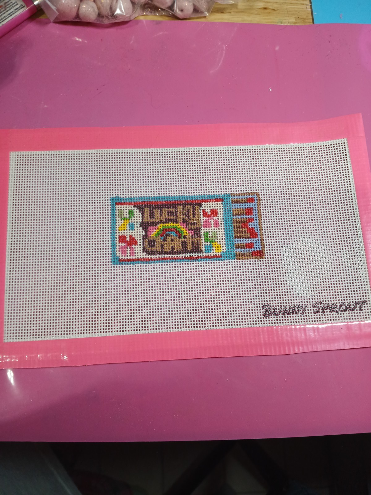 Hand Painted Needlepoint Canvas 14 Count Mesh, Matchbox With Charm On Front