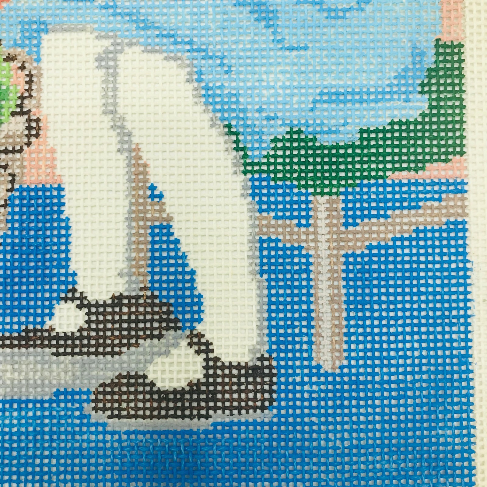 Needlepoint Pattern Hand Painted Bettina Saschi Girl Sewing Signed Primitive