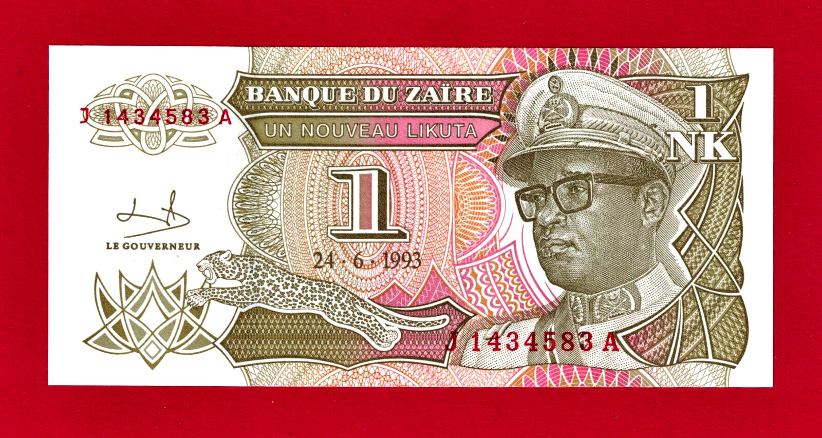 ONE NOVEAUX LIKUTA  1993 ZAIR UNC NOTE P-47a Sign: B. Mushaba, Prefix K Suffix A