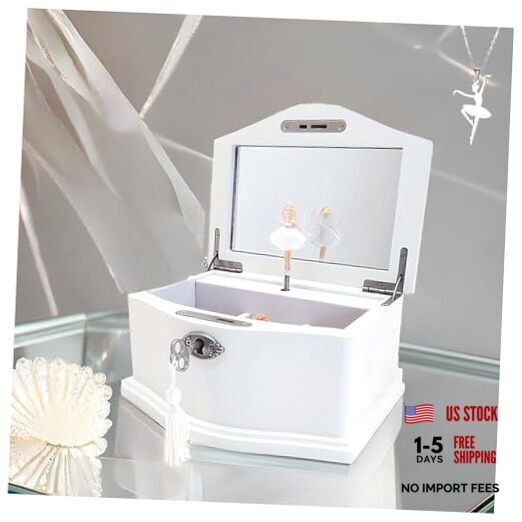 White Ballerina Musical Jewelry Box for Girls, Wooden Jewelry Storage Chest
