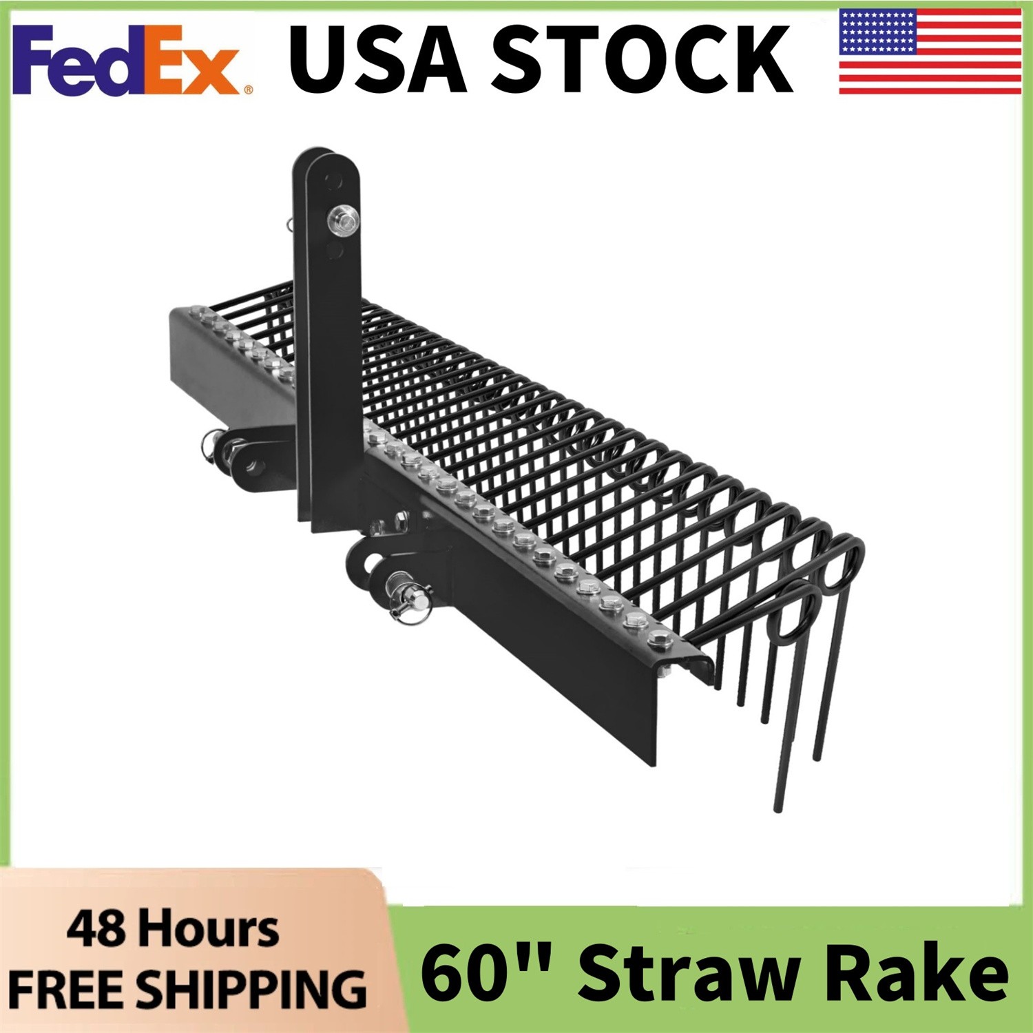🔥📶60" Pine Straw Rake 26 Coil Spring Tines Landscape Rake 3 Point Hitch Cat0 C
